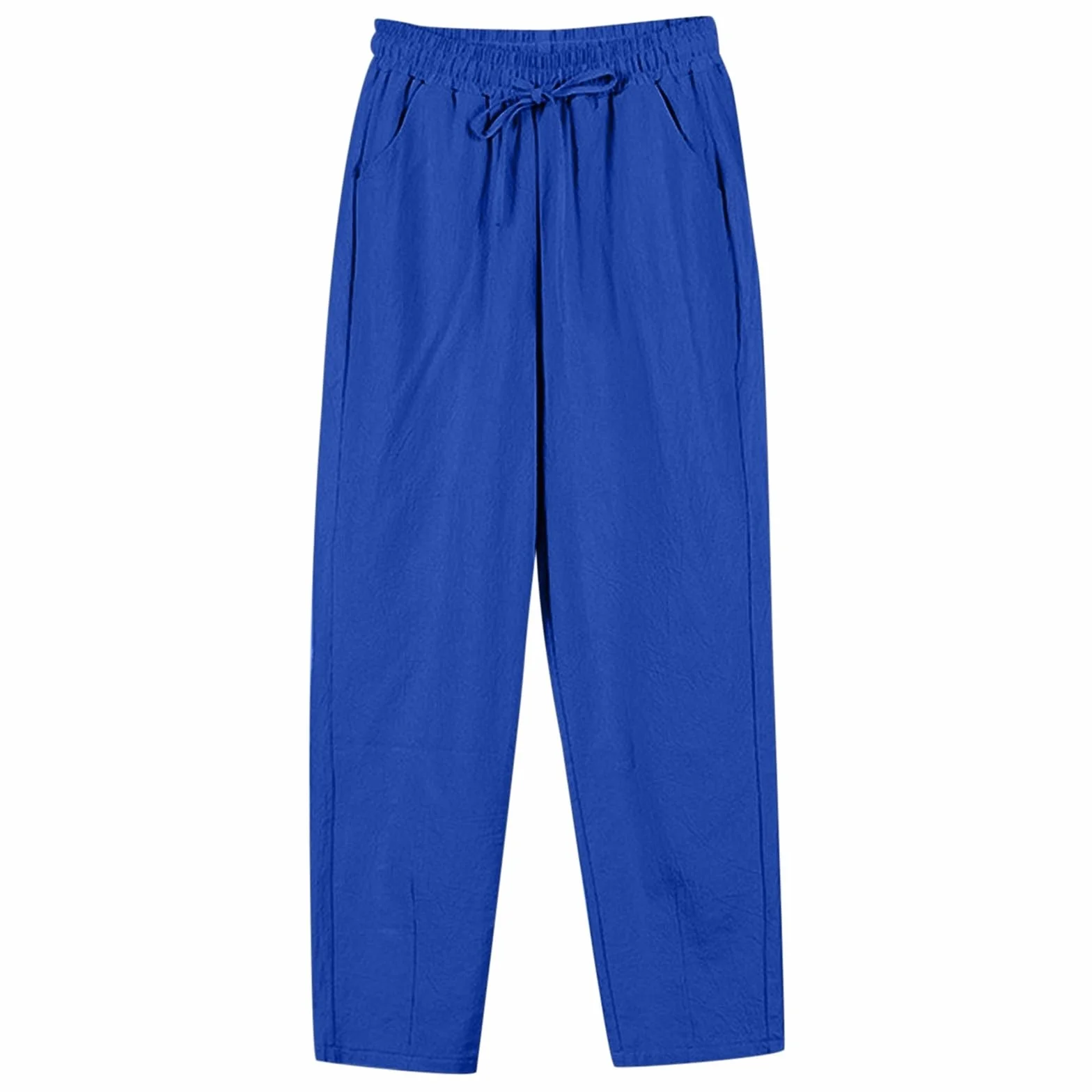 Pantalones de lino para mujer pierna recta cordón elástico casuales con bolsillos verano negros