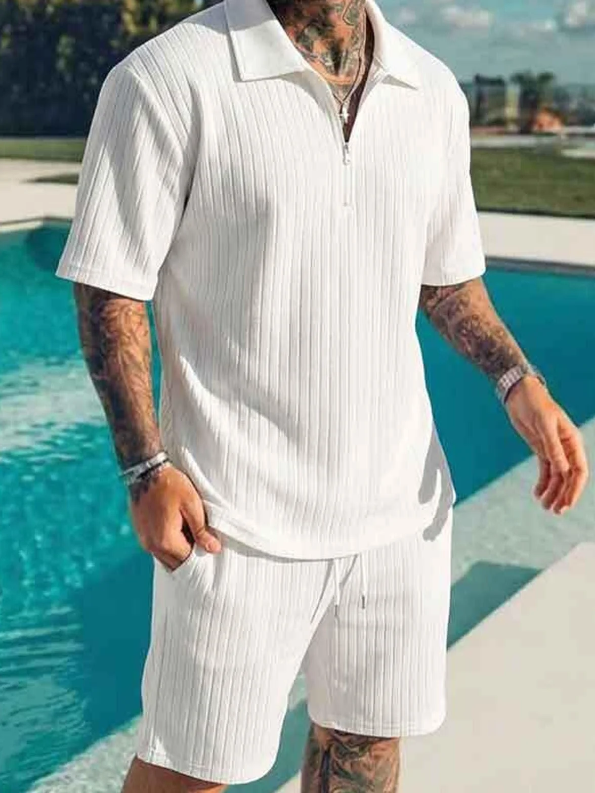 Conjunto Verano Hombre 2 Piezas Cremallera Camiseta y Pantalones Cortos Chándal con Bolsillos