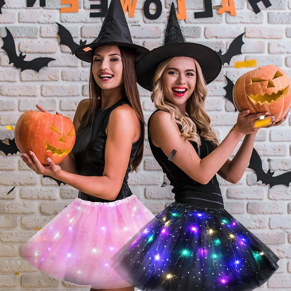 Falda Tutú LED para Mujer con Luz, Tul Adultos, Disfraz Halloween Carnaval, Rosa