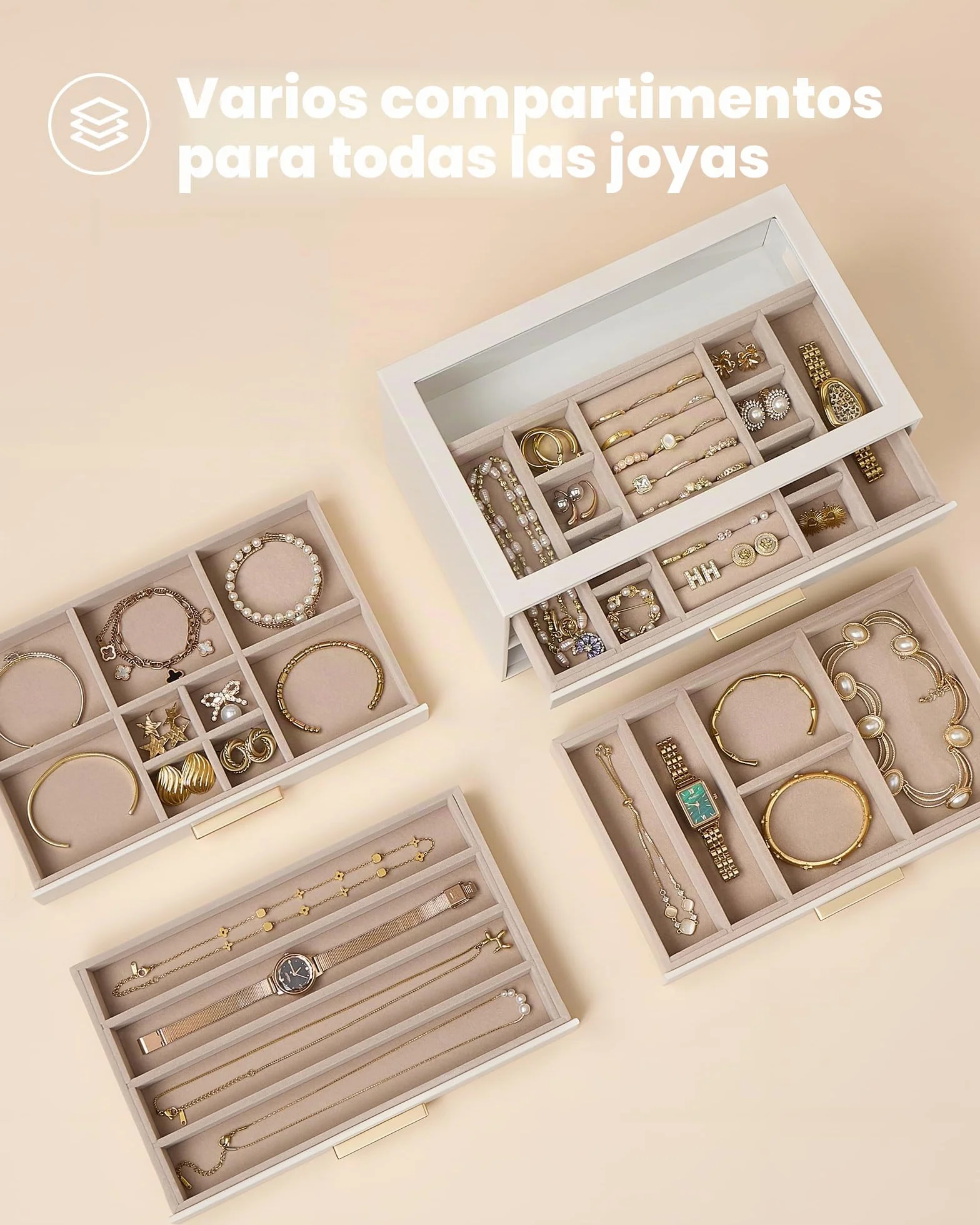 Caja Organizadora de Joyas 4 Niveles con Tapa de Vidrio, Joyero para Anillos Pendientes Pulseras Collares, Estuche Almacenamiento Mujer, Beige