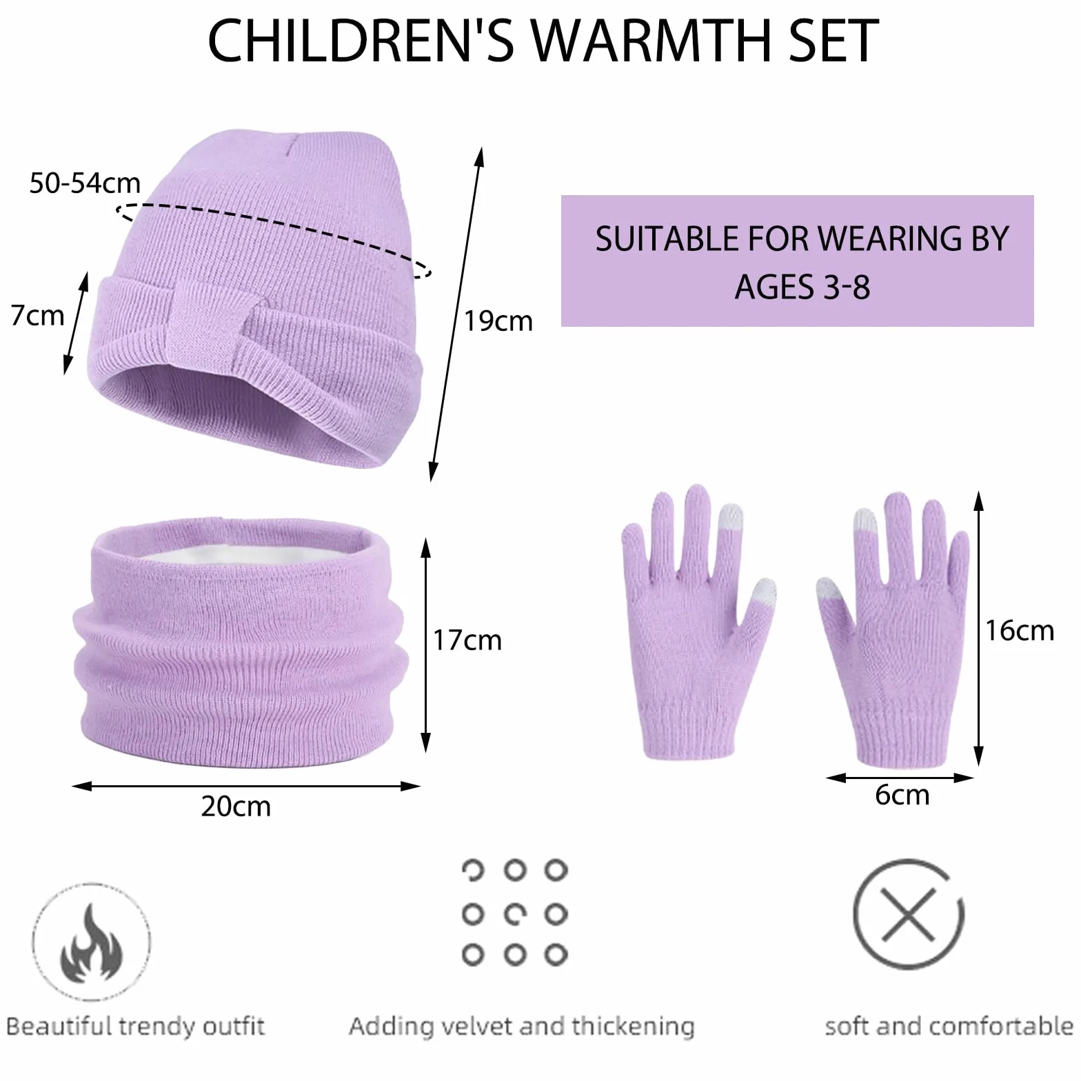 Conjunto de Gorro Bufanda y Guantes 3 en 1 para Niños Invierno 3PCs Púrpura