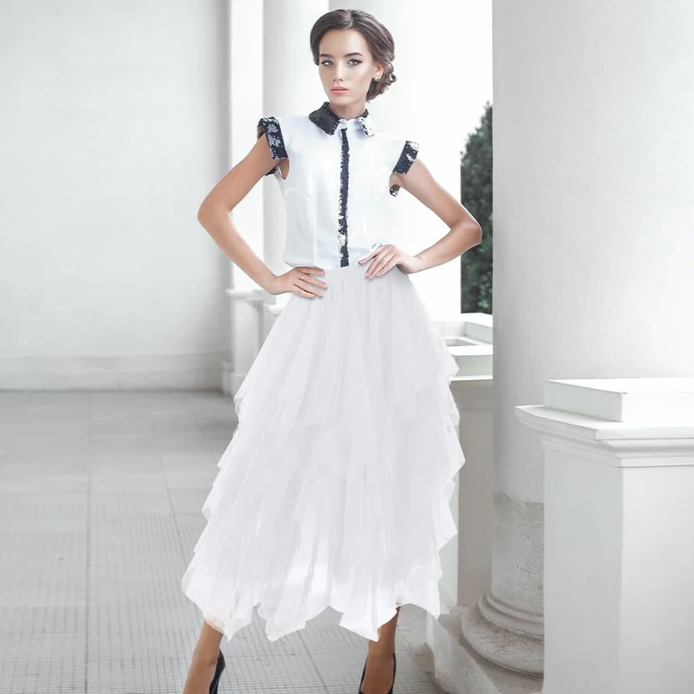 AUYAO Falda Tul Mujer Cintura Elástica Tutu Irregular Plisada Gasa Vintage Ballet Prom