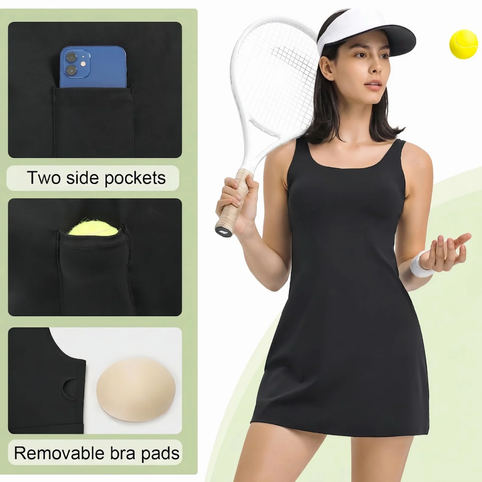 Bezioner Vestido Tenis Mujer, Vestido de Golf con Sujetador Integrado y Pantalones Cortos con Bolsillos sin Mangas Deportivo