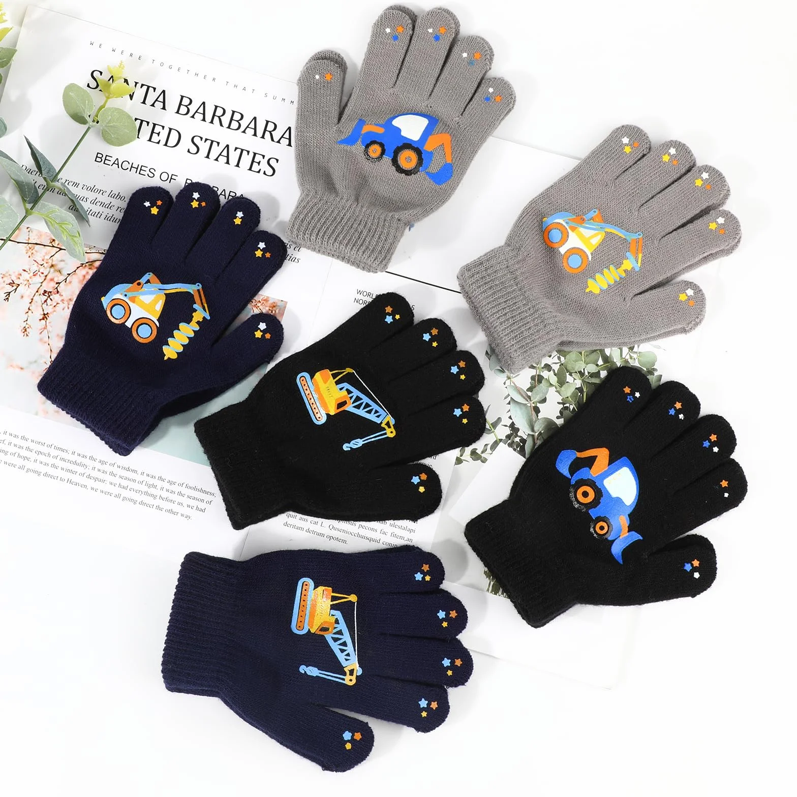 QKURT Guantes Mágicos Infantiles de Invierno Térmicos Dedos Completos para Niños Dinosaurios Excavadoras