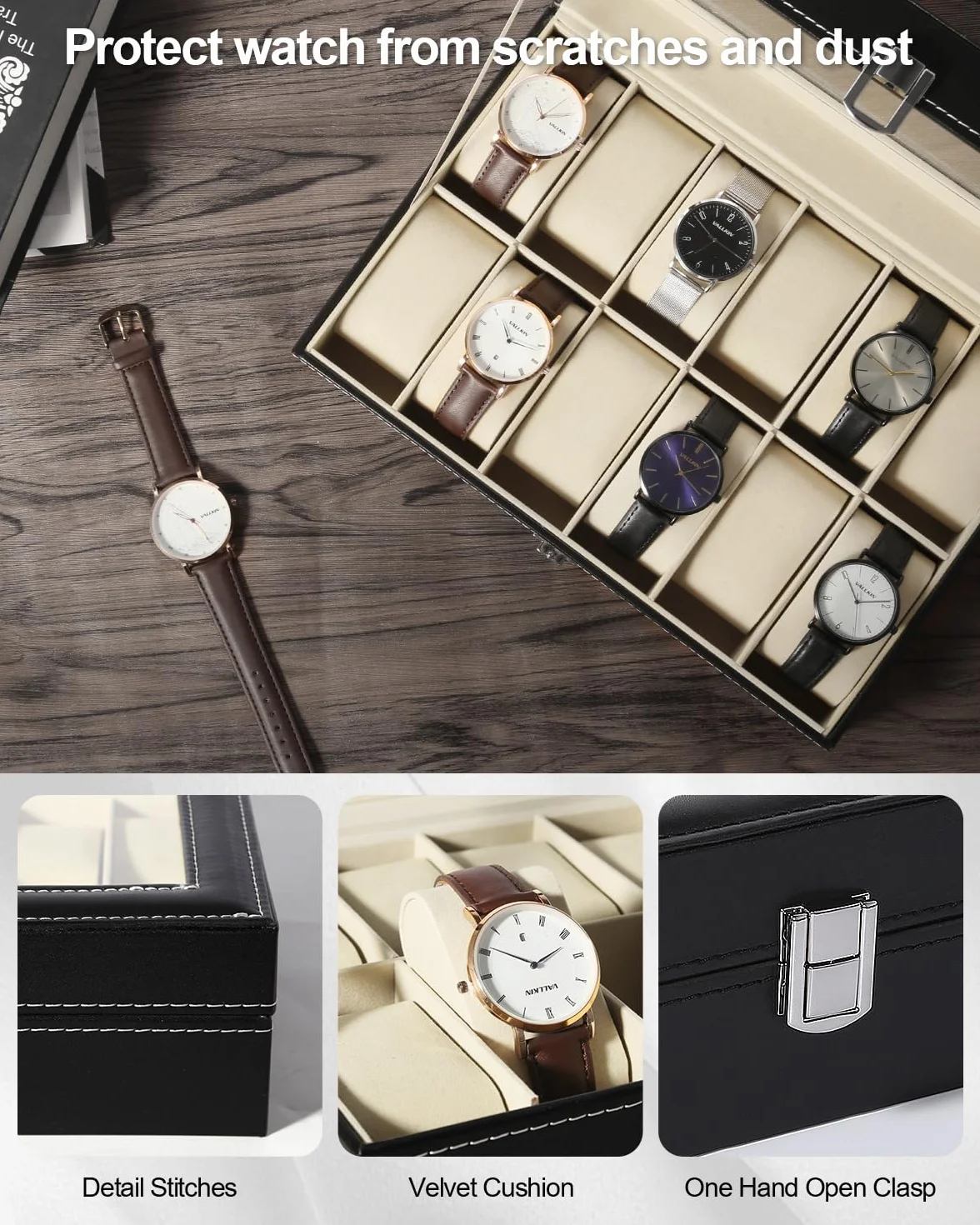 Uten Estuche para Relojes y Joyeros con 12 Rejillas, Forro de Terciopelo, Cubierta de Cristal