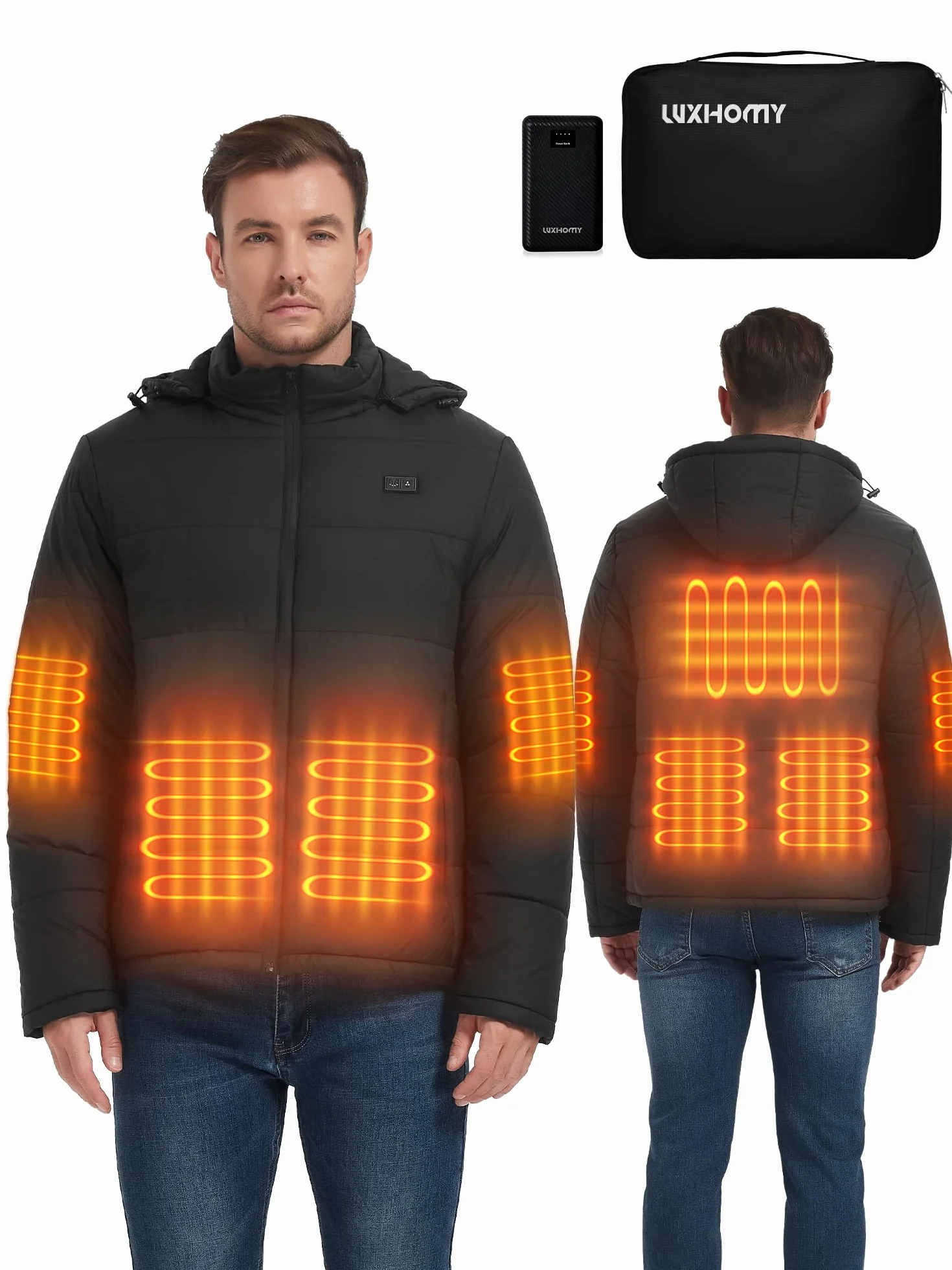 Chaqueta Calefactable 7.4V 16000mAh 7 Zonas de Calor Hombre Mujer con Capucha
