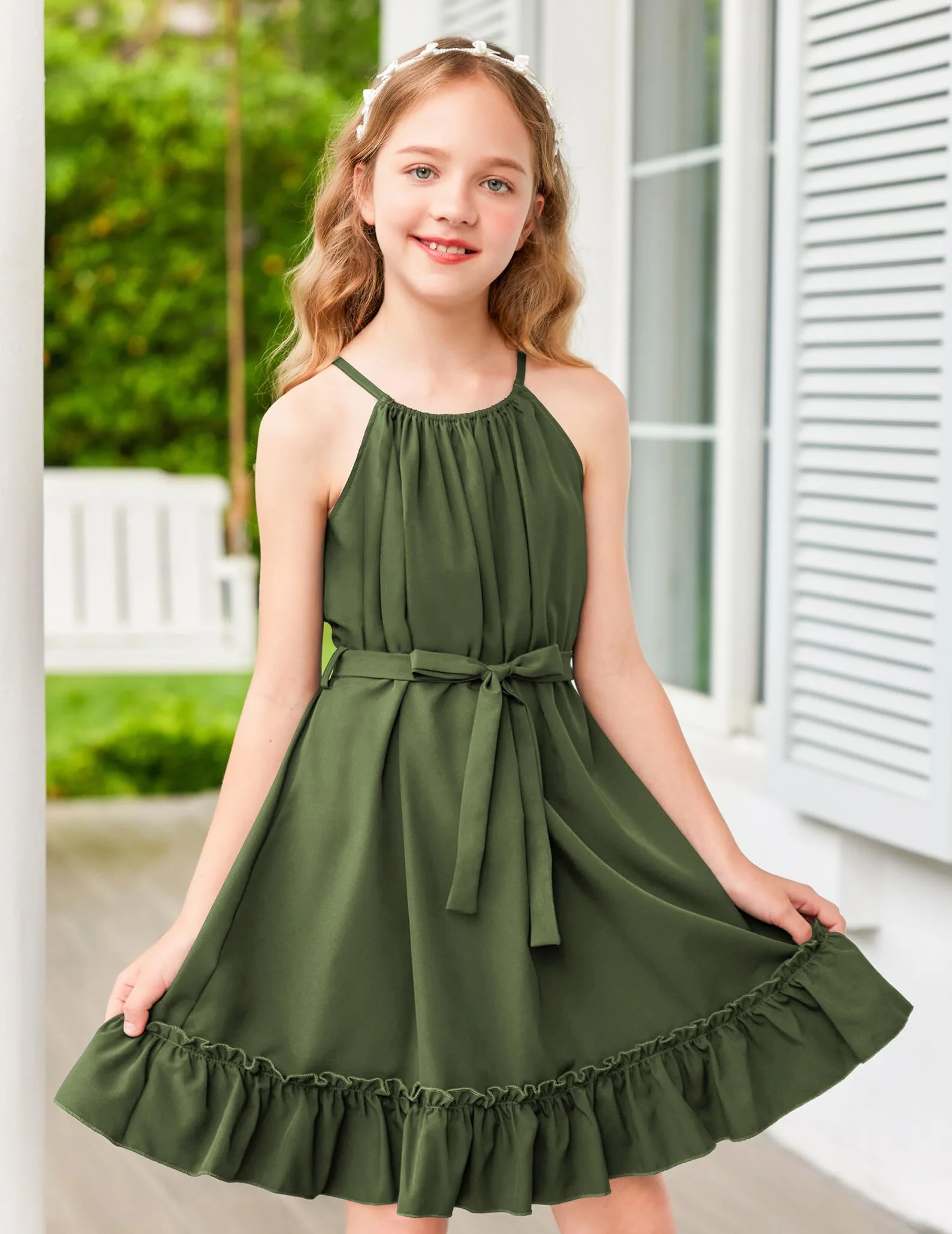 Arshiner Vestido para Niña Verano Midi Volantes Corte A Cuello Halter Fiesta con Cinturón 6-14 Años