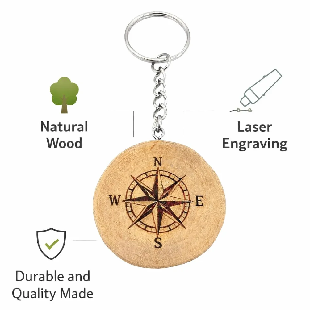 Promotech Llavero de madera con brújula grabado láser regalo viaje orientación aventura