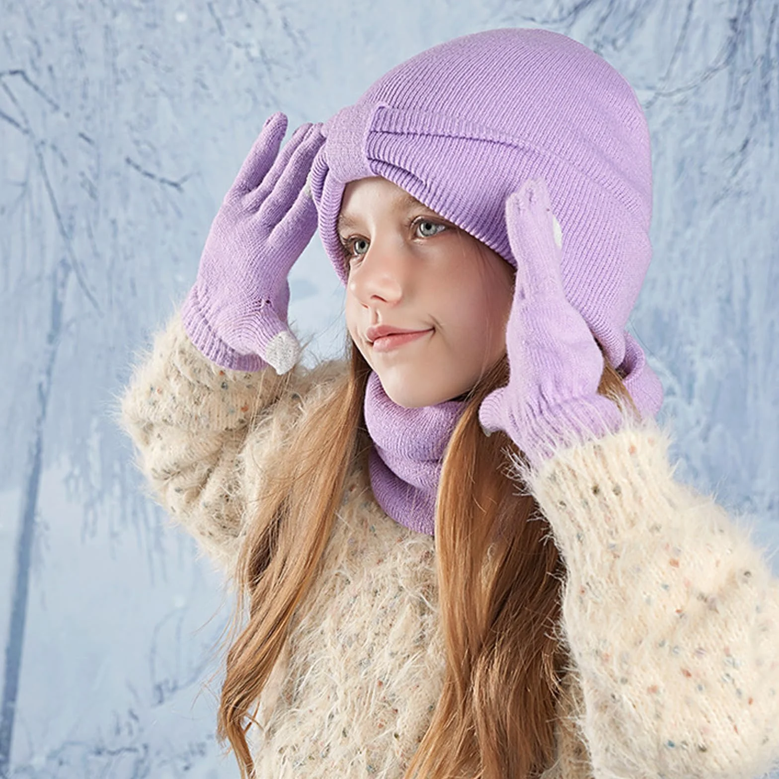 Conjunto de Gorro Bufanda y Guantes 3 en 1 para Niños Invierno 3PCs Púrpura