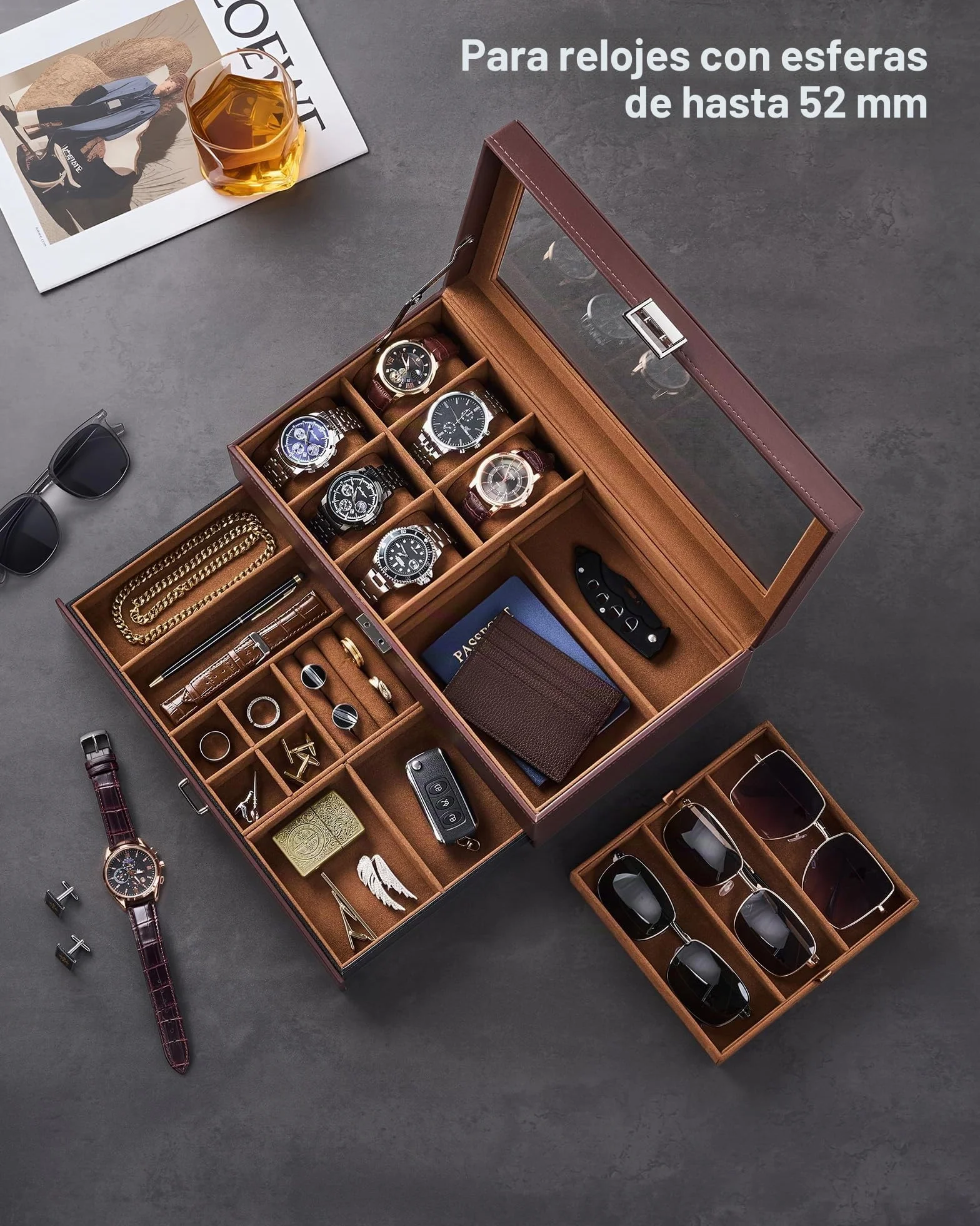 ProCase Caja Joyero para Hombres con Cerradura, 6 Espacios Relojes, PU Cuero, Marrón