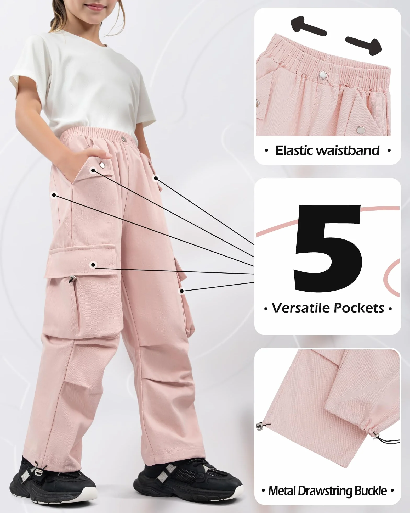 KAKU NANU Pantalones Cargo para niña Cintura elástica Bolsillos