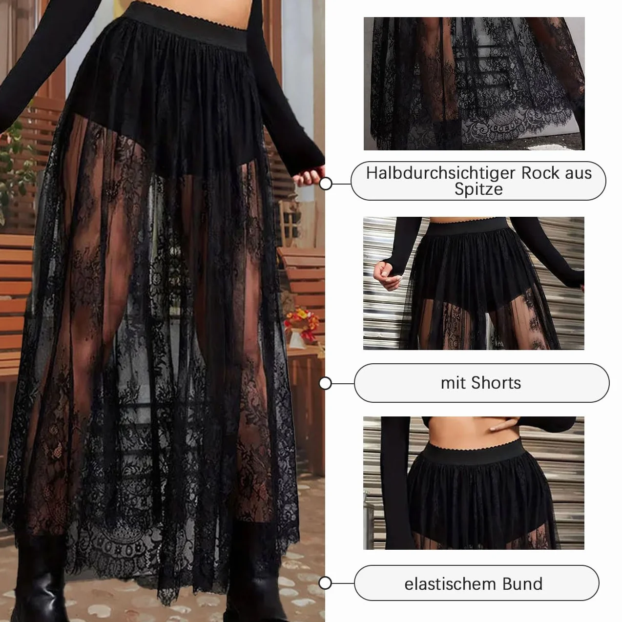 Falda Larga Semitransparente Encaje Mujer, Sexy 2 en 1, Malla Transparente, Cintura elástica línea A, Maxifalda Tul Debajo Pantalones Cortos, Ropa Festivales Salir, Negra, Tallas S