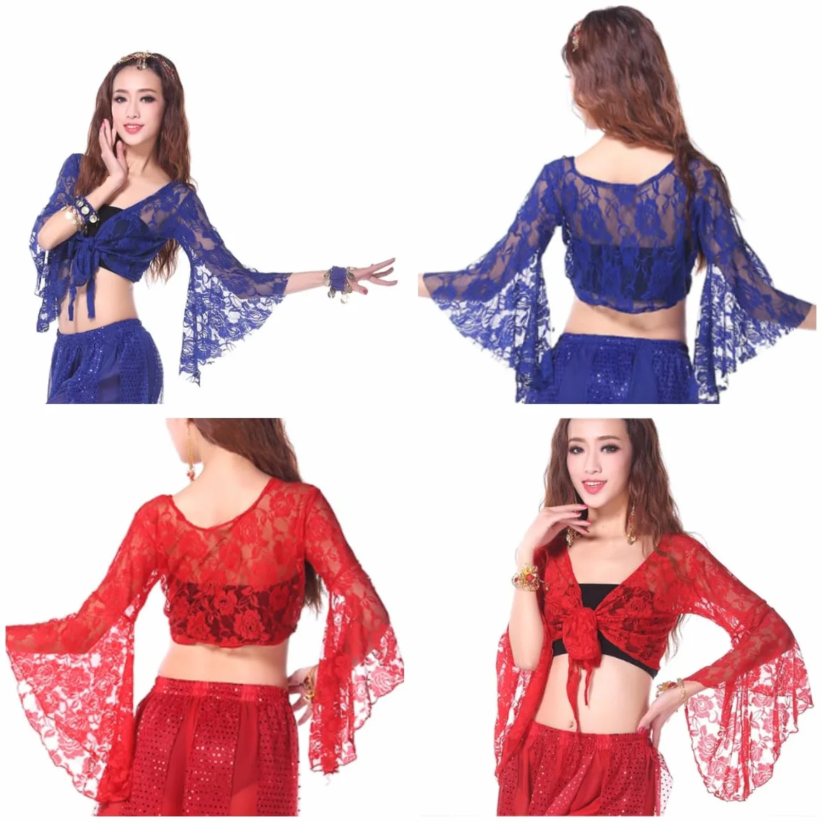 Top de danza del vientre para mujer, top envolvente manga 3/4 acampanada, corto con chal floral y nudo