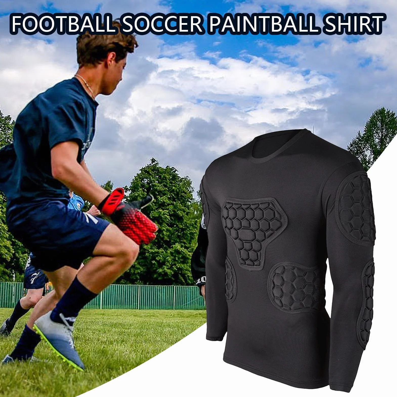 Camiseta de Portero Acolchada Manga Larga Negra para Fútbol Paintball Baloncesto