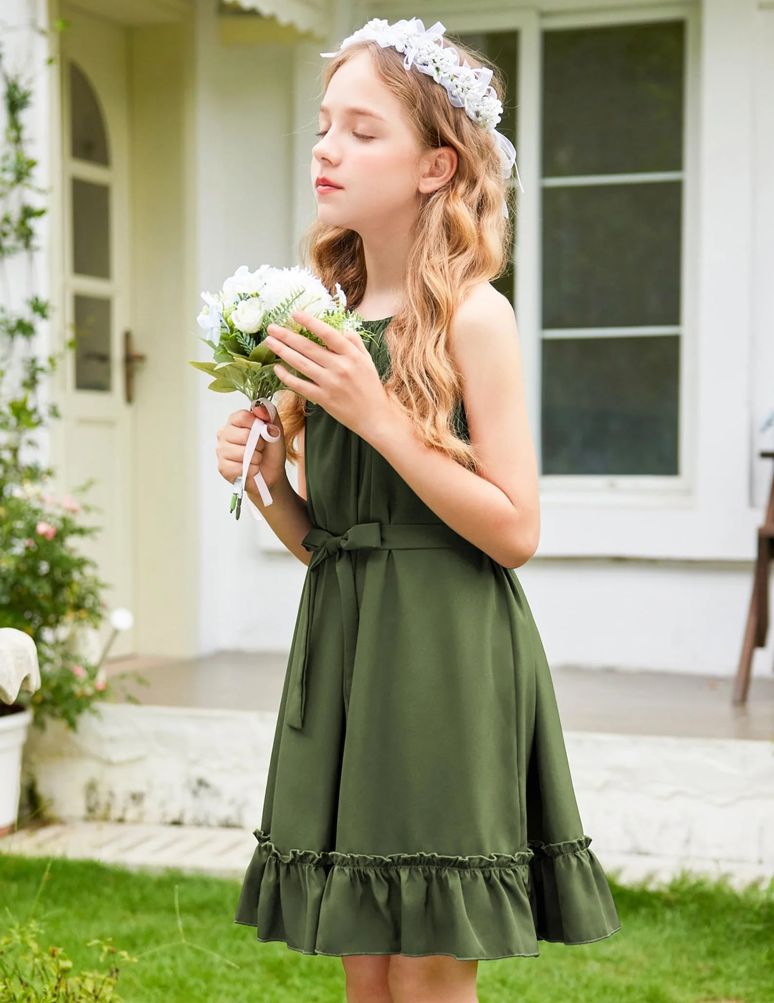 Arshiner Vestido para Niña Verano Midi Volantes Corte A Cuello Halter Fiesta con Cinturón 6-14 Años