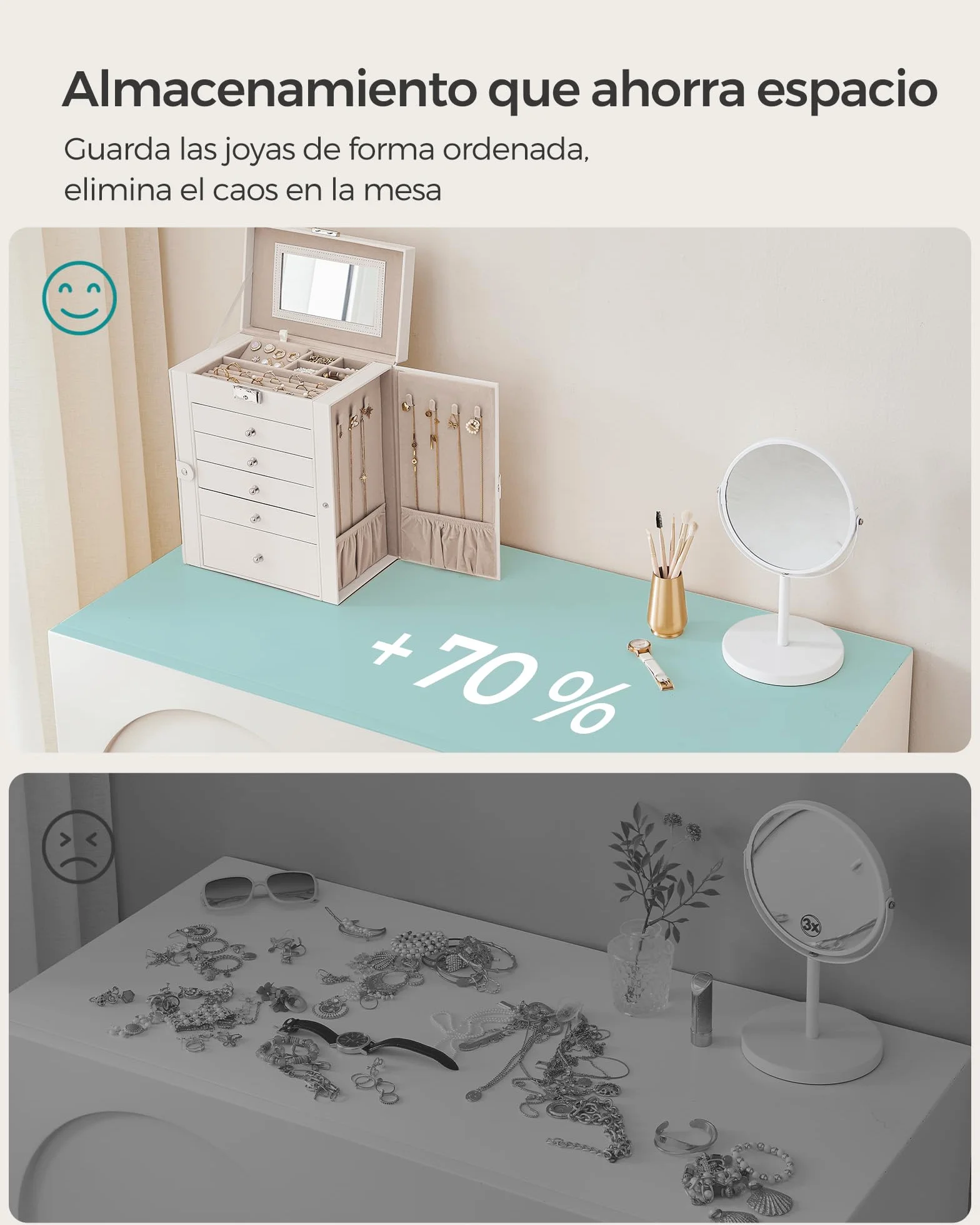 SONGMICS Caja Joyero de 6 Niveles, 5 Cajones, con Espejo y Cerradura, Blanco JBC152W01