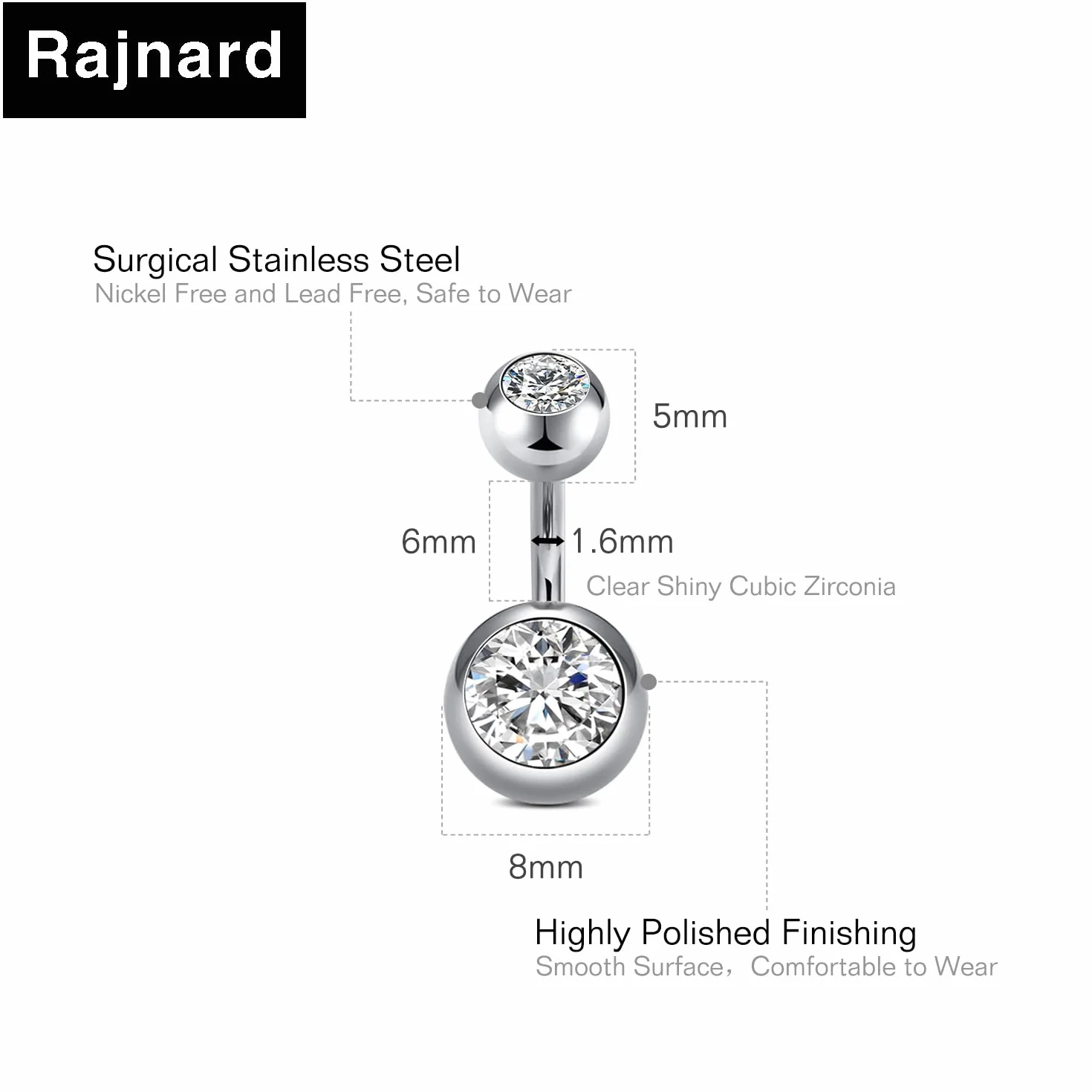Piercing Ombligo 14G Acero Quirúrgico CZ Bead Diamond Joyería