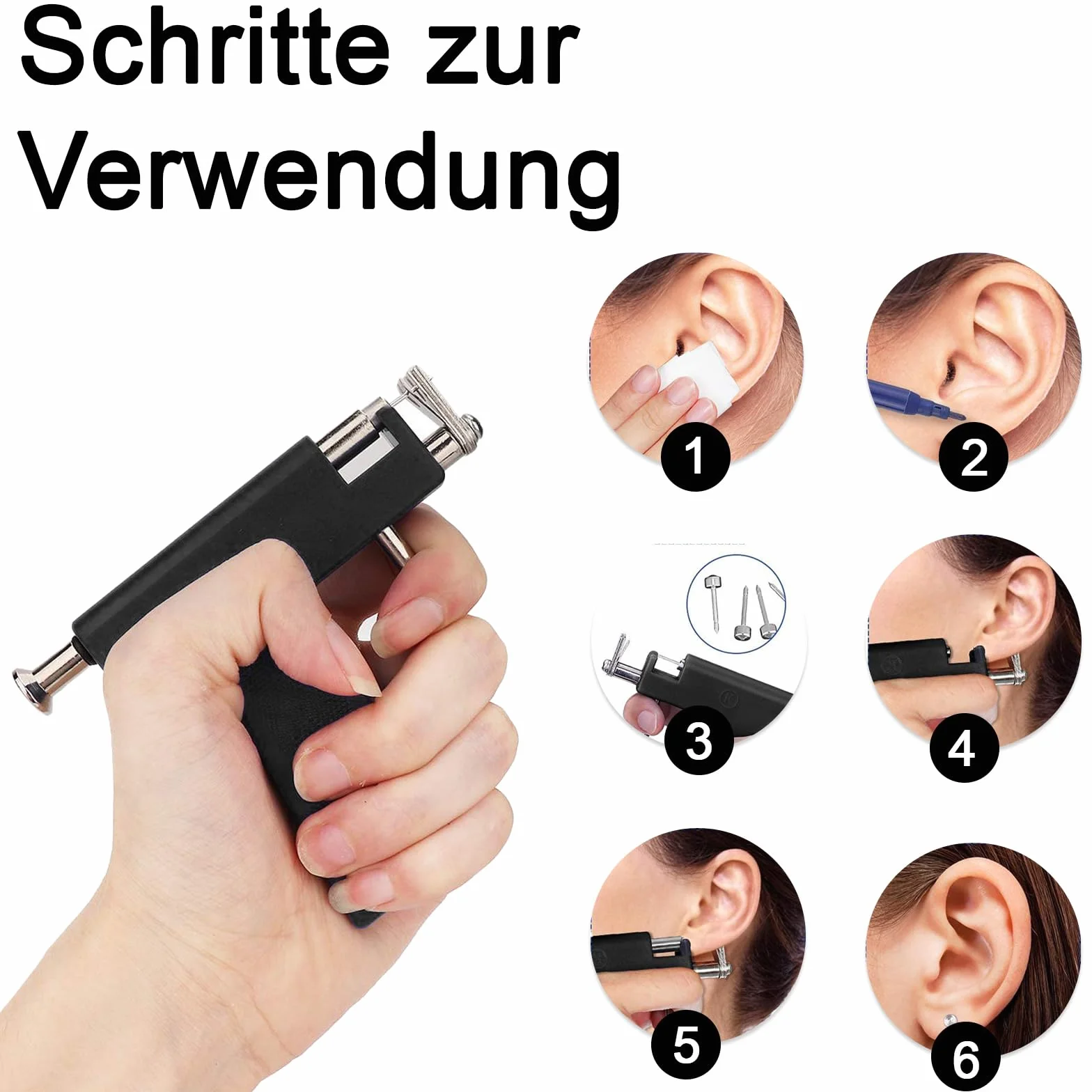 Kit de Pistola para Perforación de Orejas Profesional, 98 Pendientes, Negro