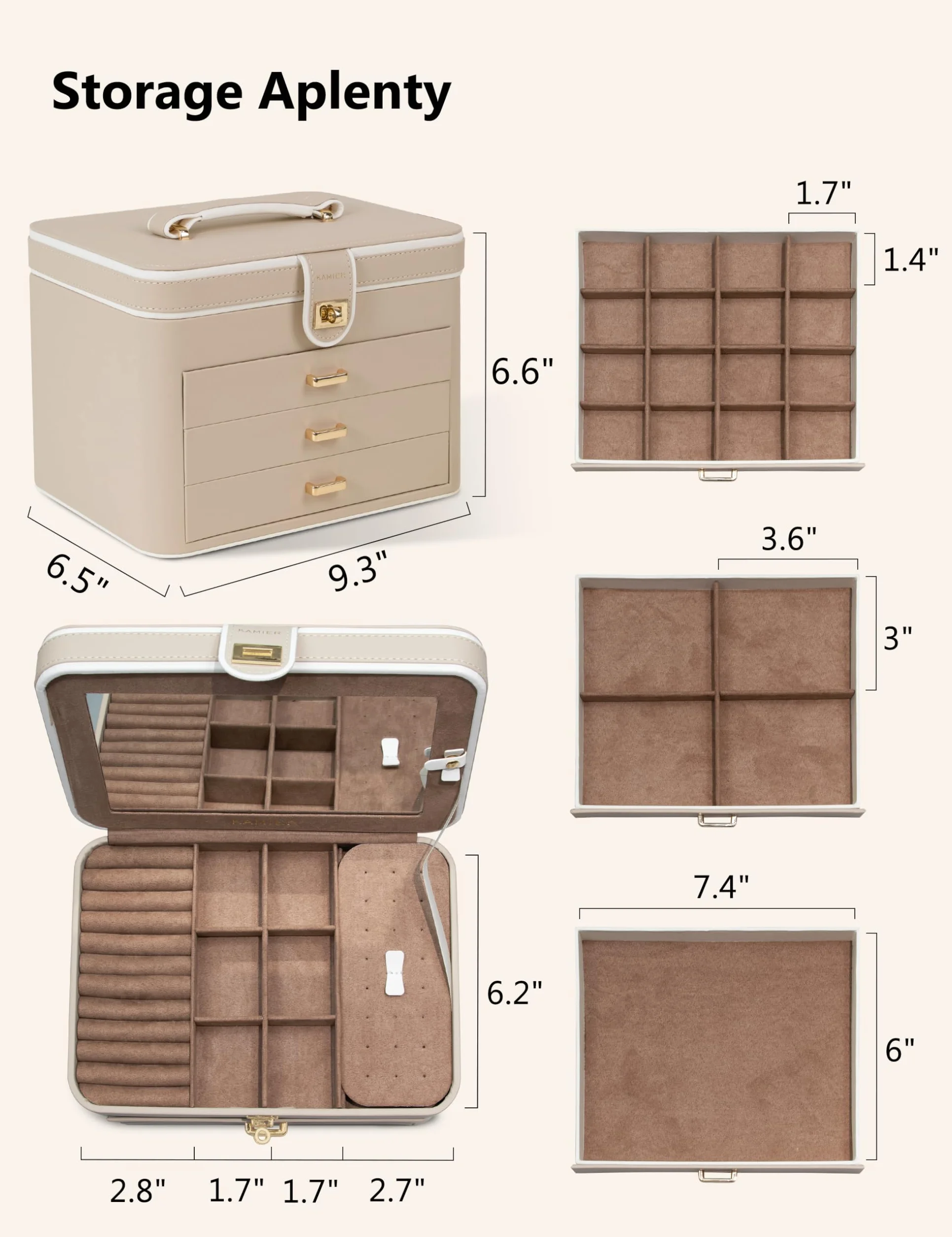 KAMIER Joyero Grande de 4 Niveles, Caja de Joyas con Espejo, Cajones y Cerradura, Piel Sintética, Beige