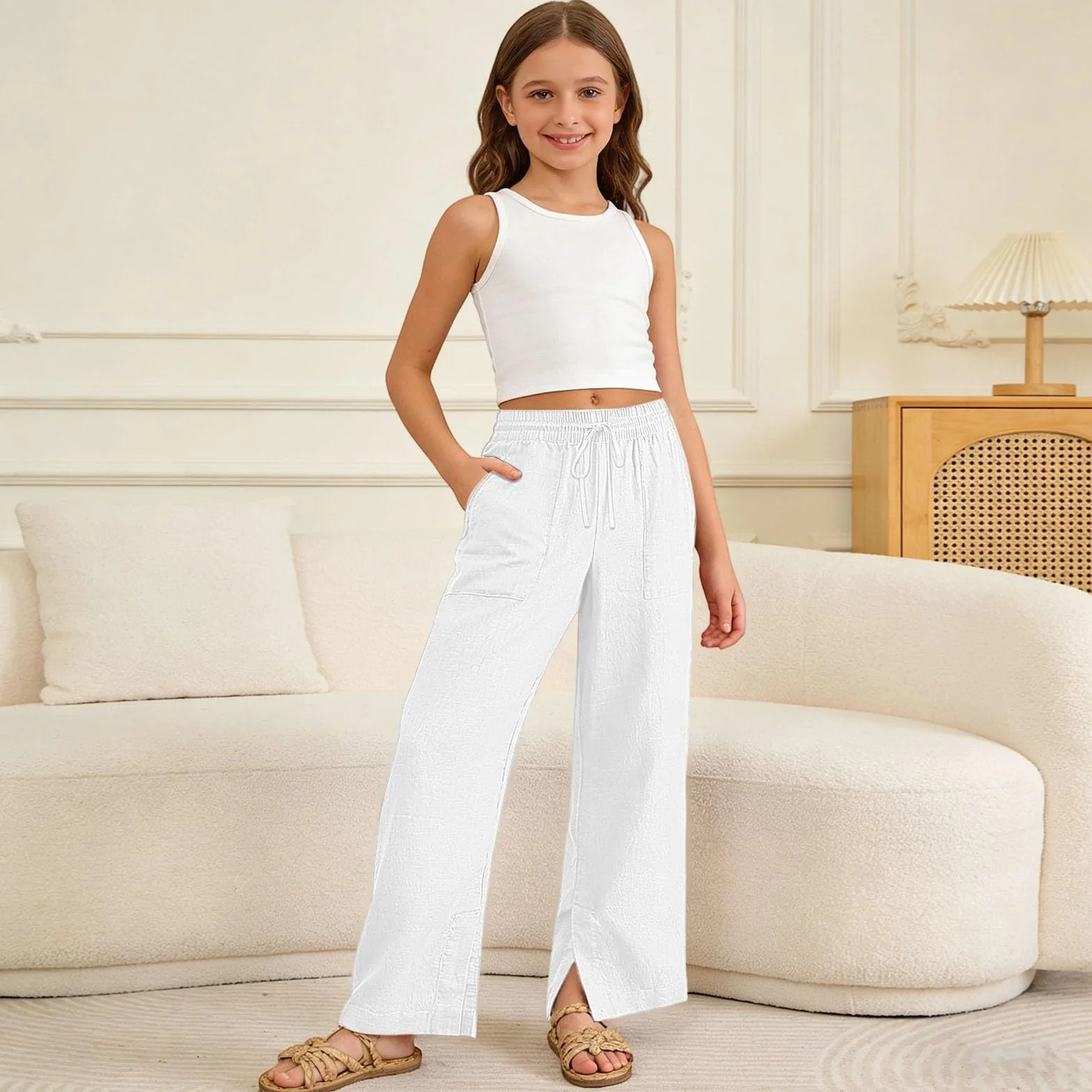 Pantalón de niña niño algodón Jogging liso cintura elástica 2-14 años