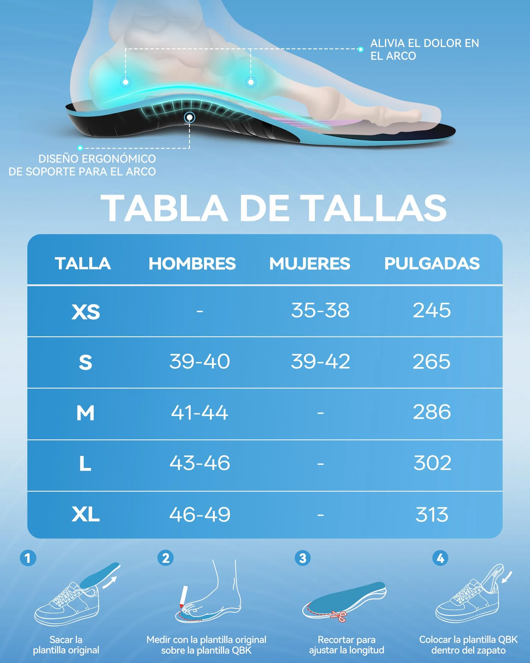 Plantilla Espolón Calcáneo QBK, Plantillas de GEL para Fascitis Plantar, Arco Alto, Pie Plano, XS