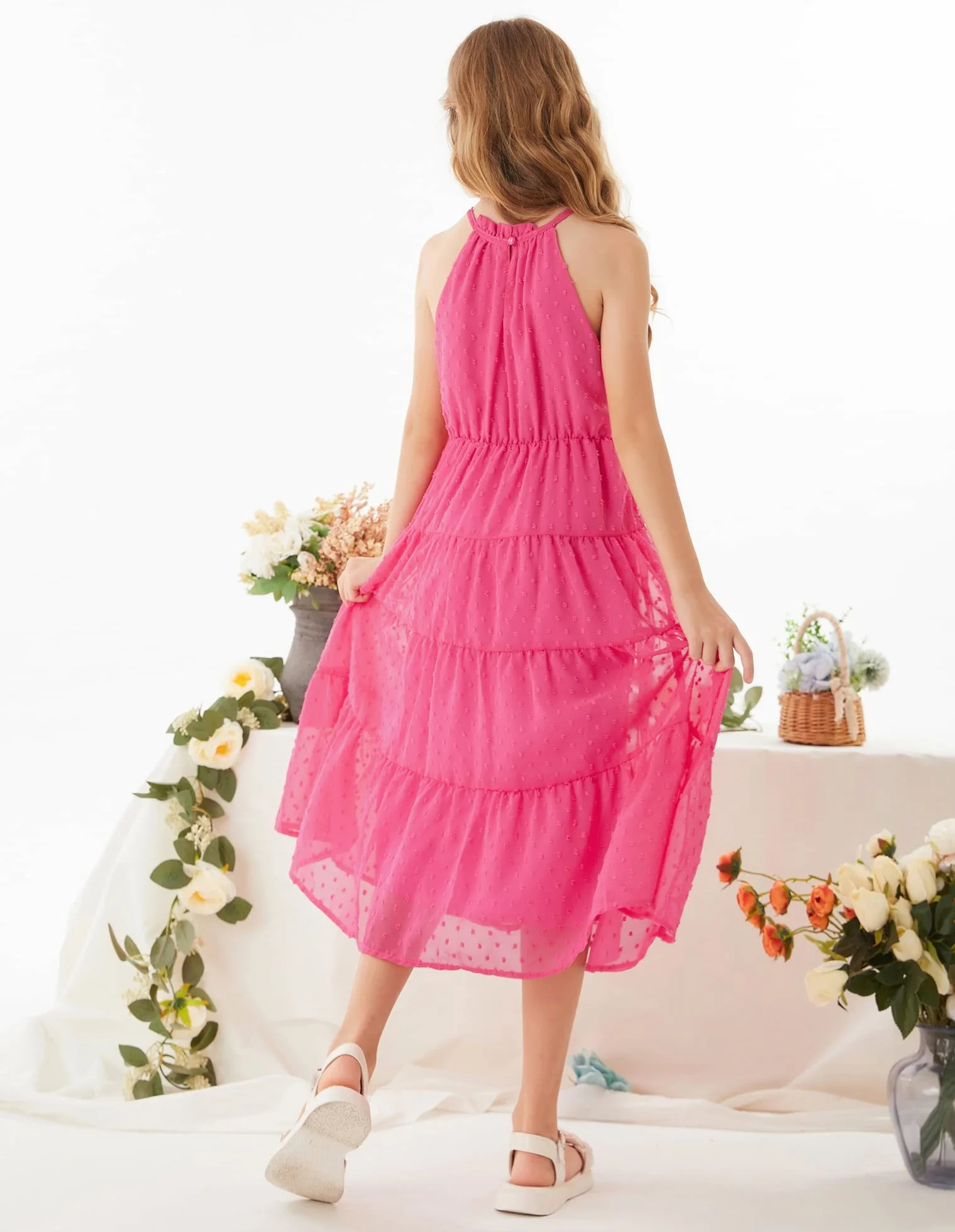 GRACE KARIN Vestido Niña Elegante Gasa Malla Escote Halter 6-12 Años