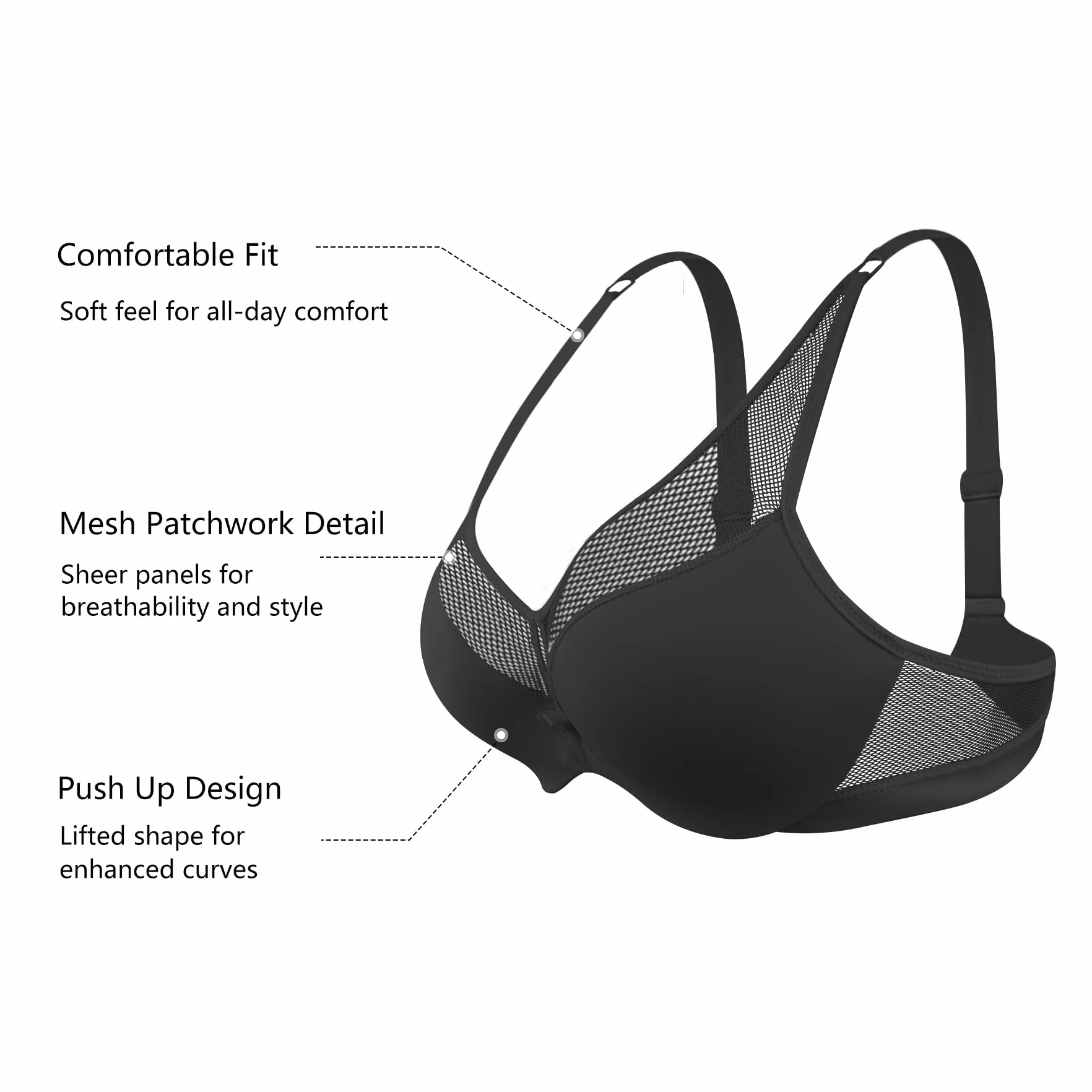 Sujetador Push-up con Aros para Mujer Power Flower Cobertura Total Malla Soporte