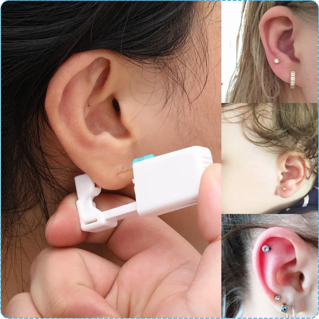 Pistolas para Piercing Oreja Desechables Kit Autoperforante Indolora Estéril con Aretes 4 Piezas