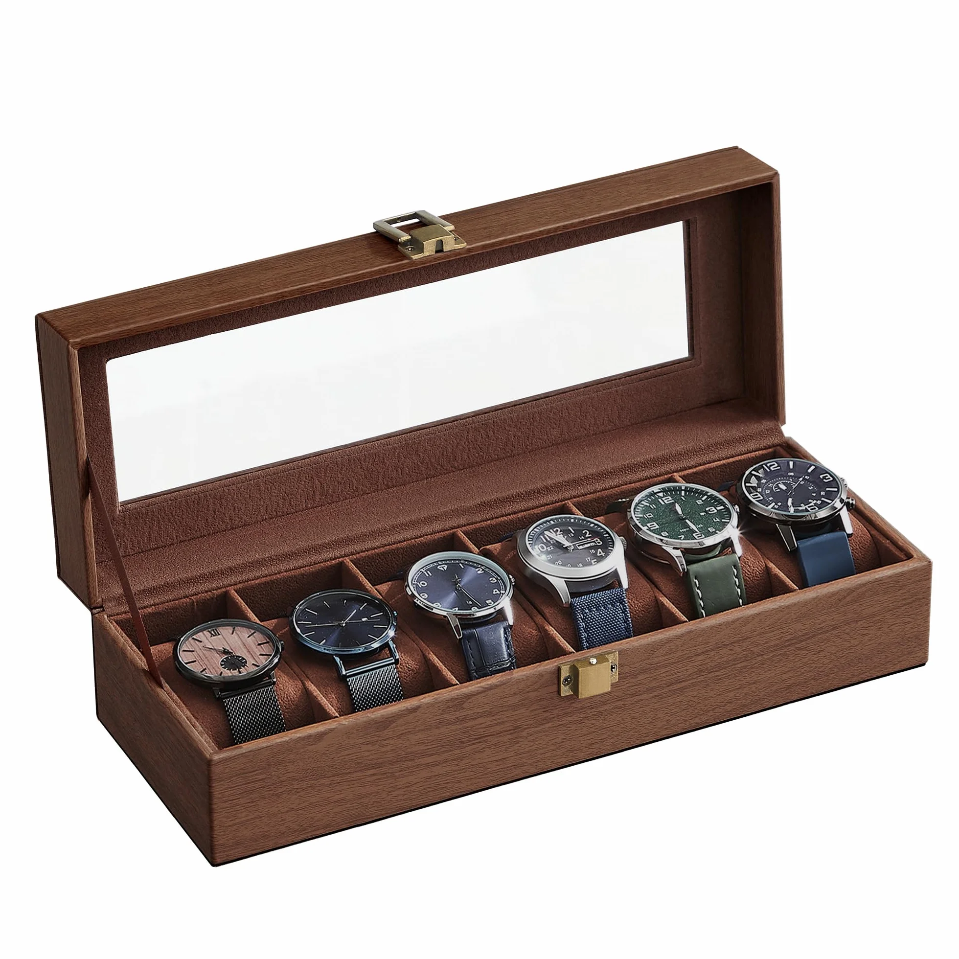 SONGMICS Caja de Relojes 6 Compartimentos, Estuche con Tapa de Cristal, Cuero Sintético Marrón JWB006K01