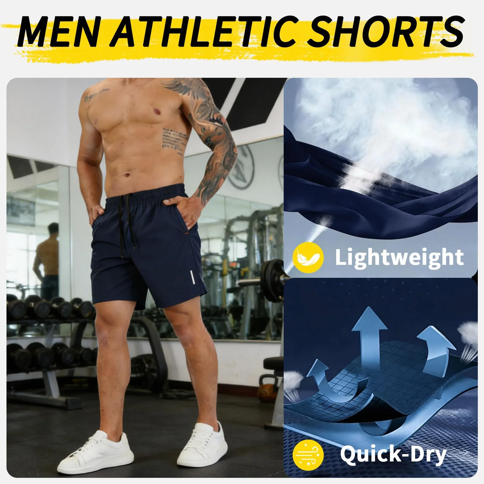 SHAGGA Paquete de 3 Pantalones Cortos de Gimnasio para Hombre, Ligeros, Secado Rápido, 7" Entrepierna Corta con Bolsillos Cremallera