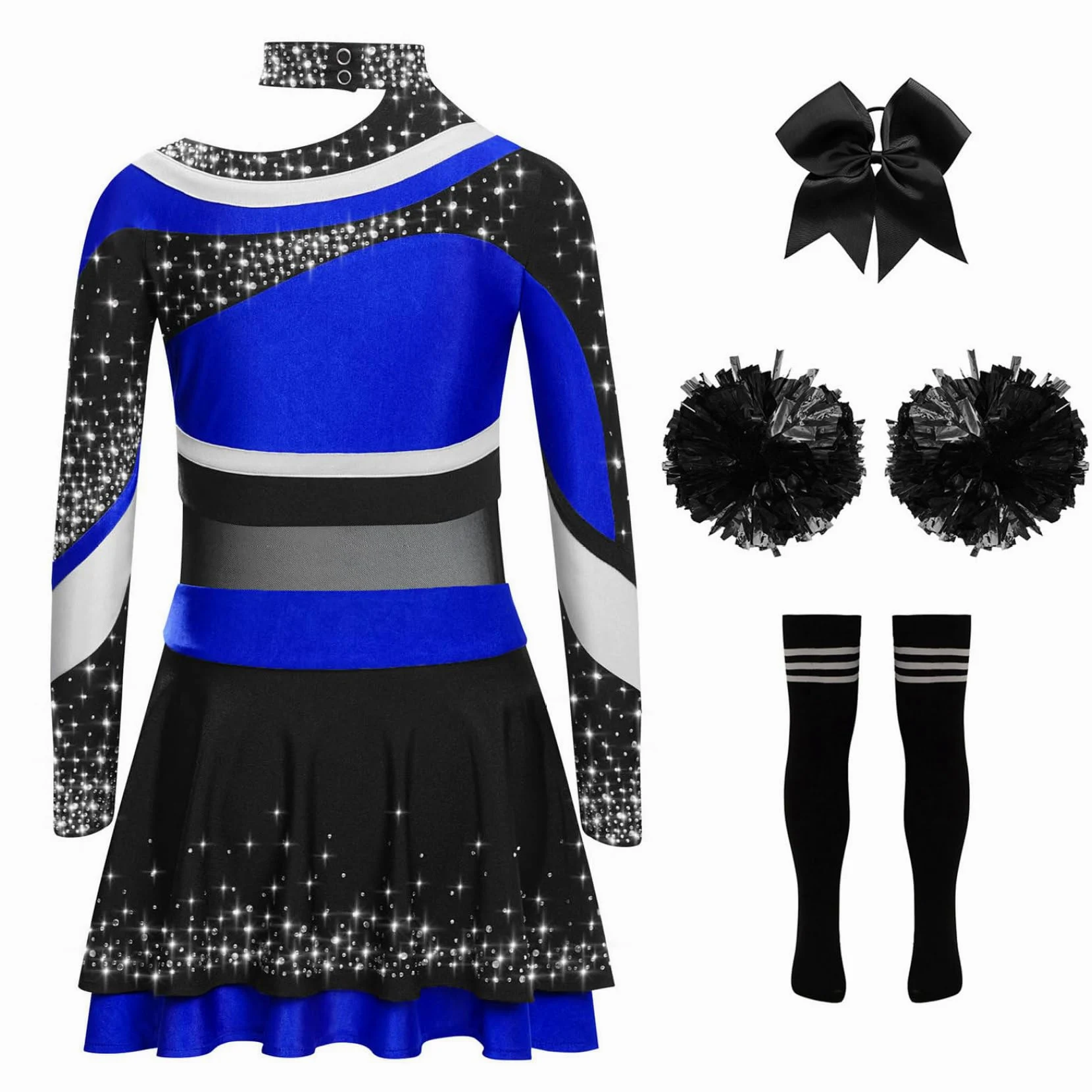 Traje Niña Vestido Baile con Brillo Vestido Cheerleading Manga Larga con Pompones Medias Moño Cabello Traje Halloween Carnaval Y Fiestas
