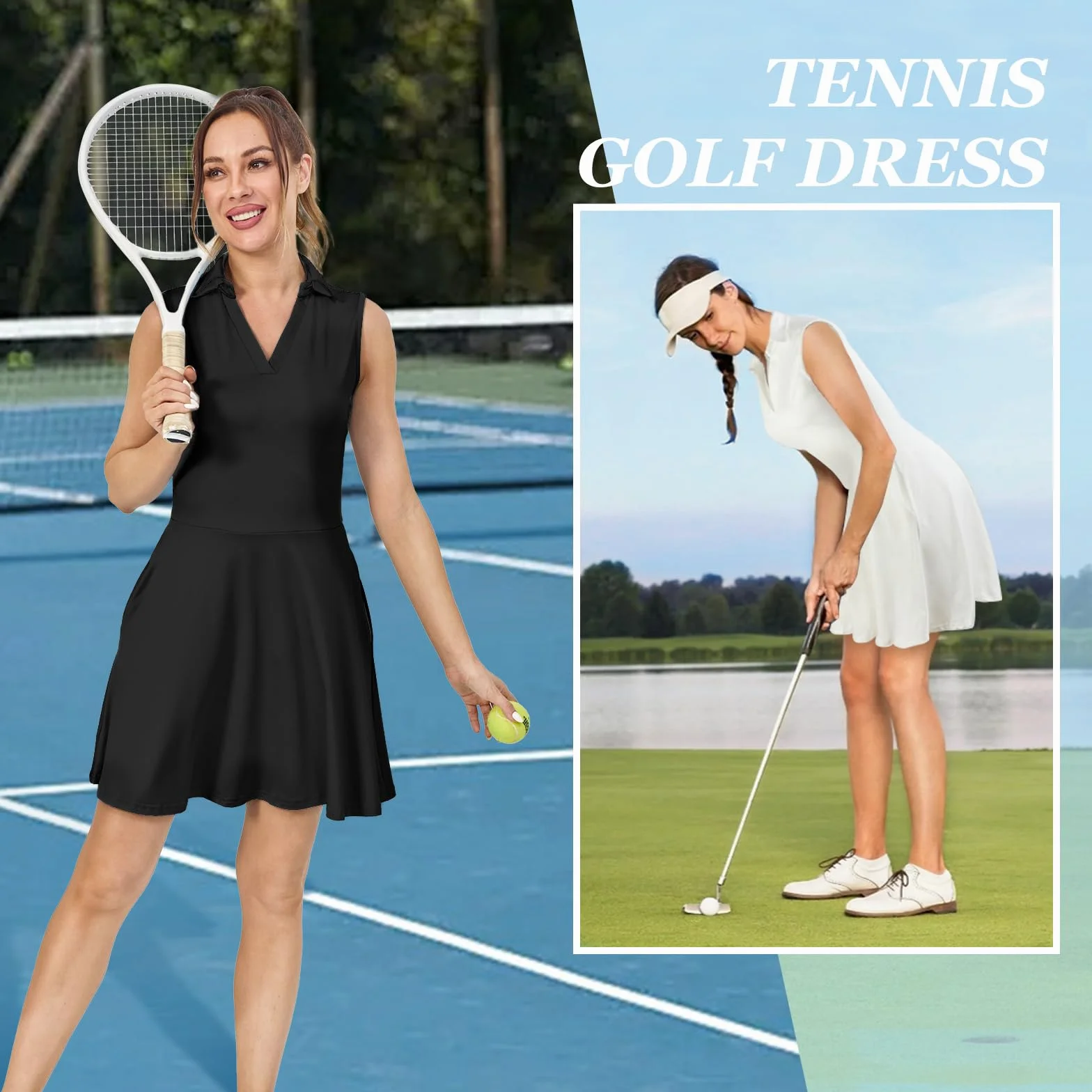 Vestido Tenis Mujer Deportivo con Pantalones Cortos Vestido Polo Bolsillos Golf sin Mangas Línea A Atléticos