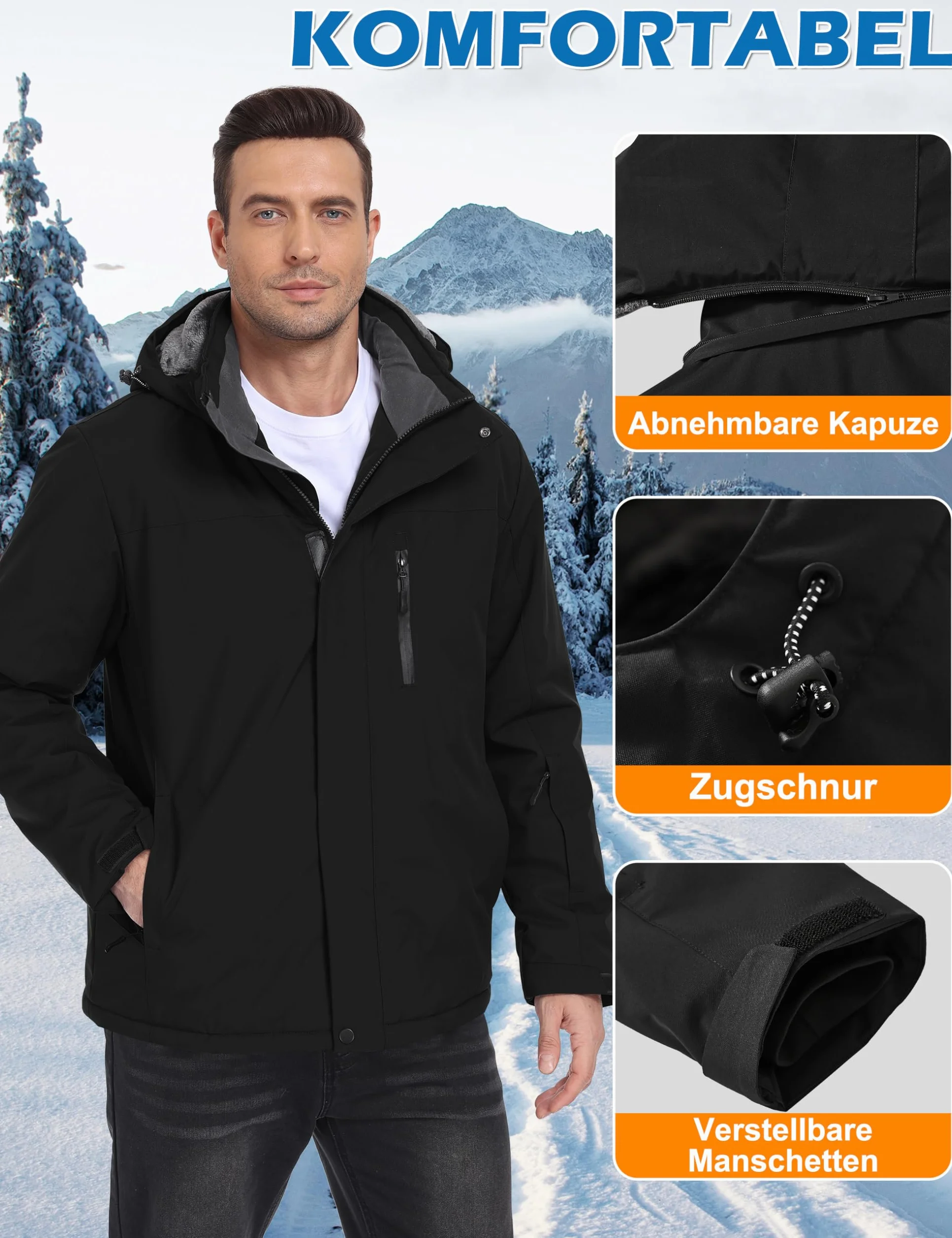 Zoofly Chaqueta de Esquí Impermeable Hombre Invierno Abrigo Nieve Snowboard Cazadora con Capucha Desmontable