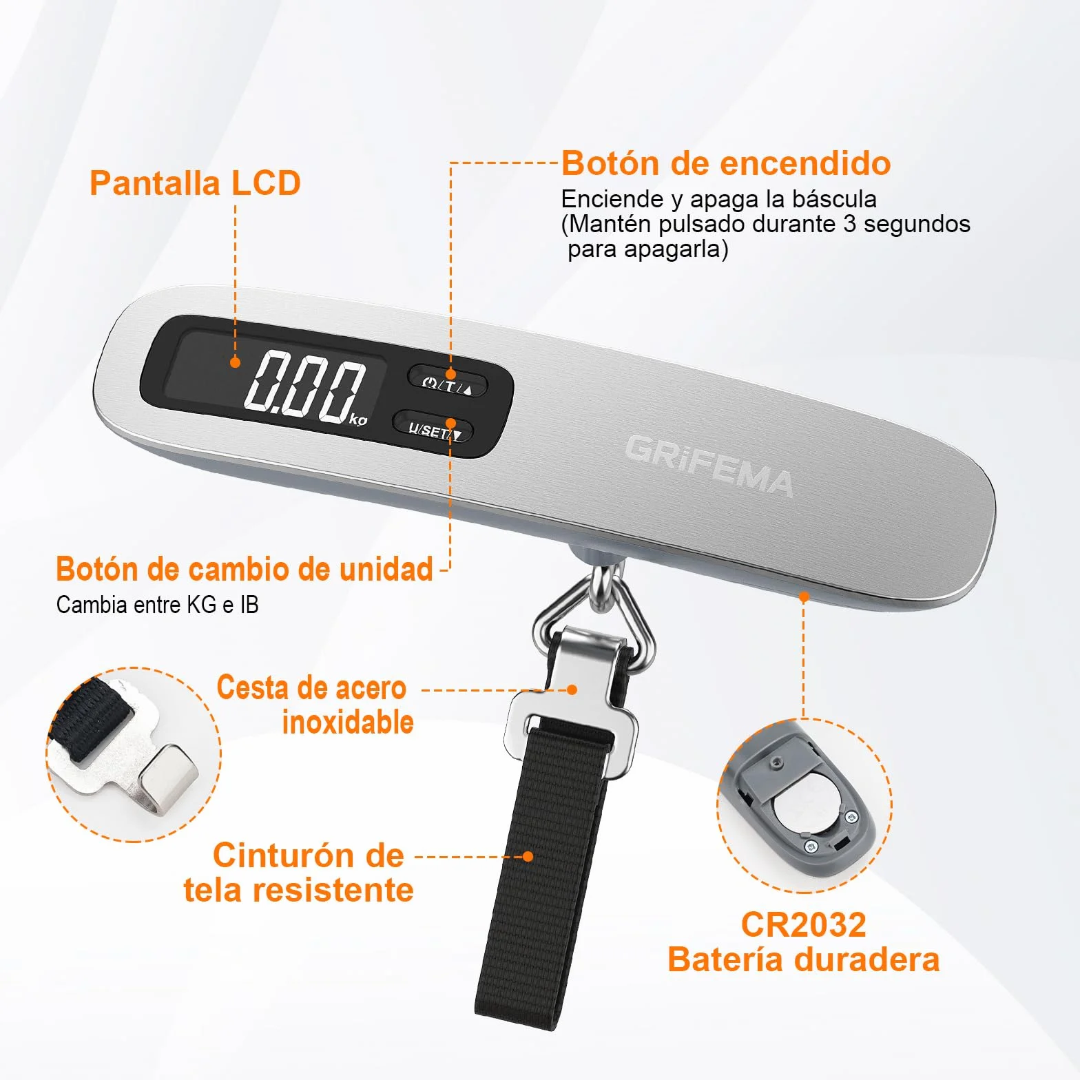GRIFEMA GA2006 Báscula Maletas Viaje Portátil, Báscula de Equipaje con Pantalla LCD, 110 lb/50 kg, Plata