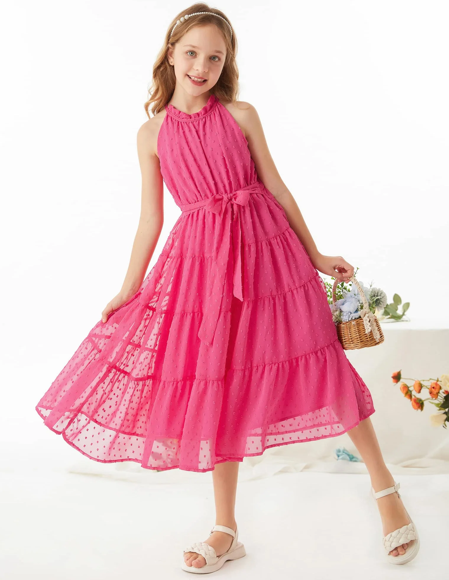 GRACE KARIN Vestido Niña Elegante Gasa Malla Escote Halter 6-12 Años