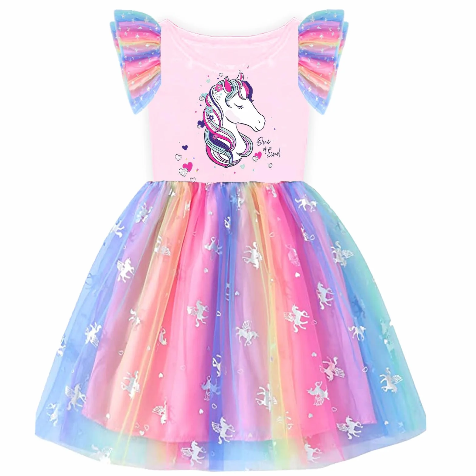 VIKITA Vestido de Princesa con Lentejuelas y Estampado de Mariposa Unicornio para Niñas