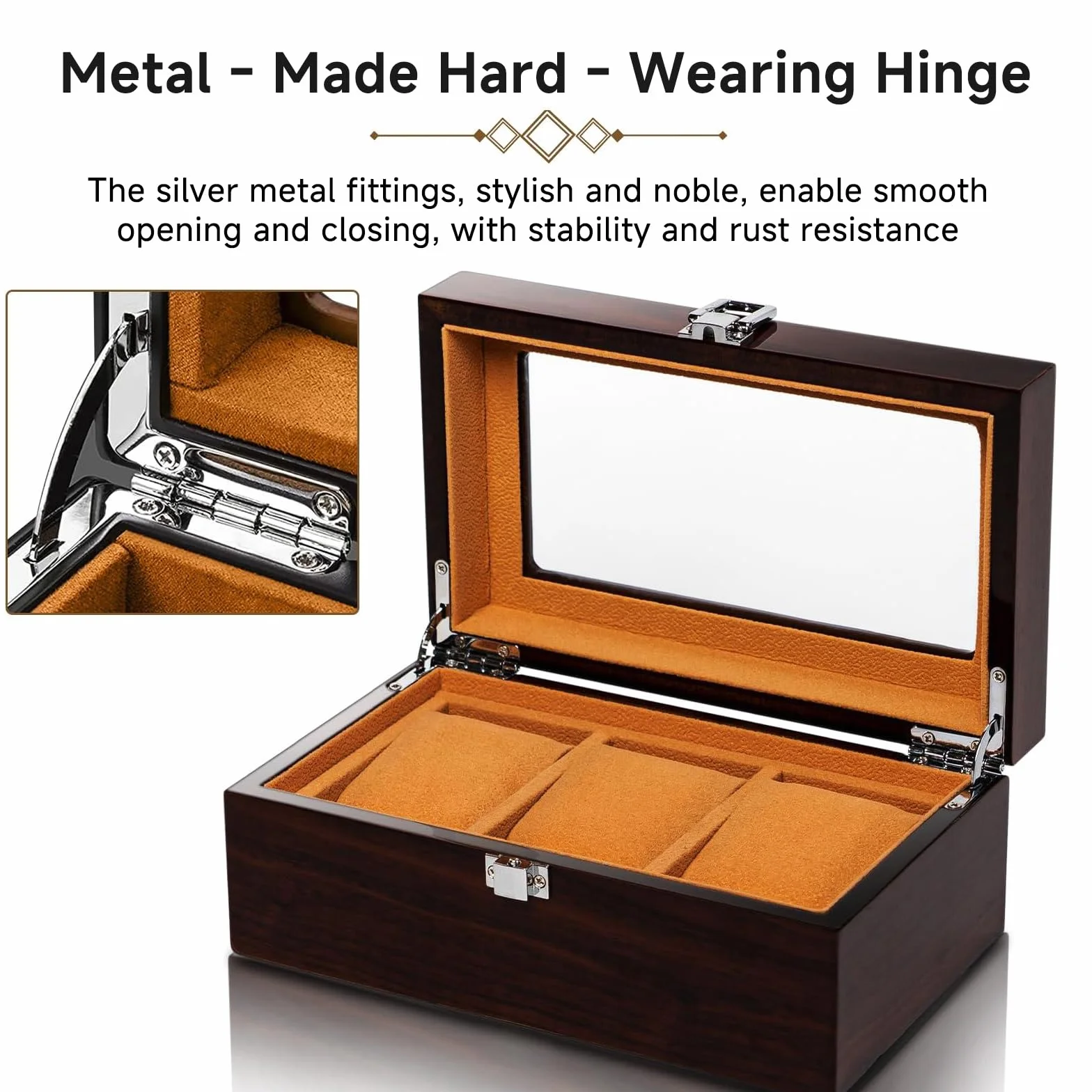 Caja de Relojes de Madera con 3 Compartimentos, Tapa de Cristal, Cierre Metálico, Almohadas Extraíbles, Marrón Rojo