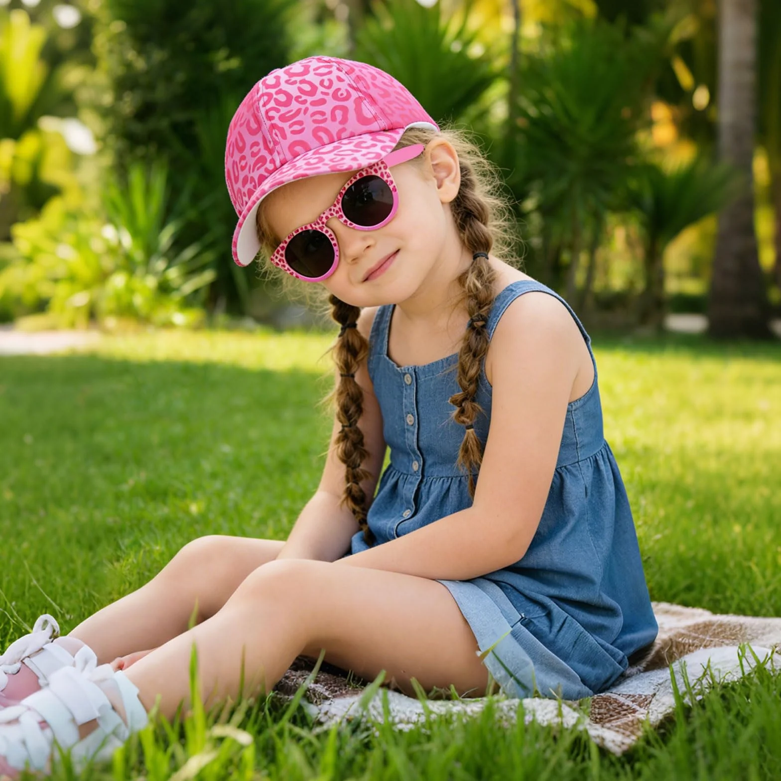 Gorra de Béisbol para Niñas con Gafas de Sol Protección UV Ajustable Estampado de Leopardo Verano 3-10 Años