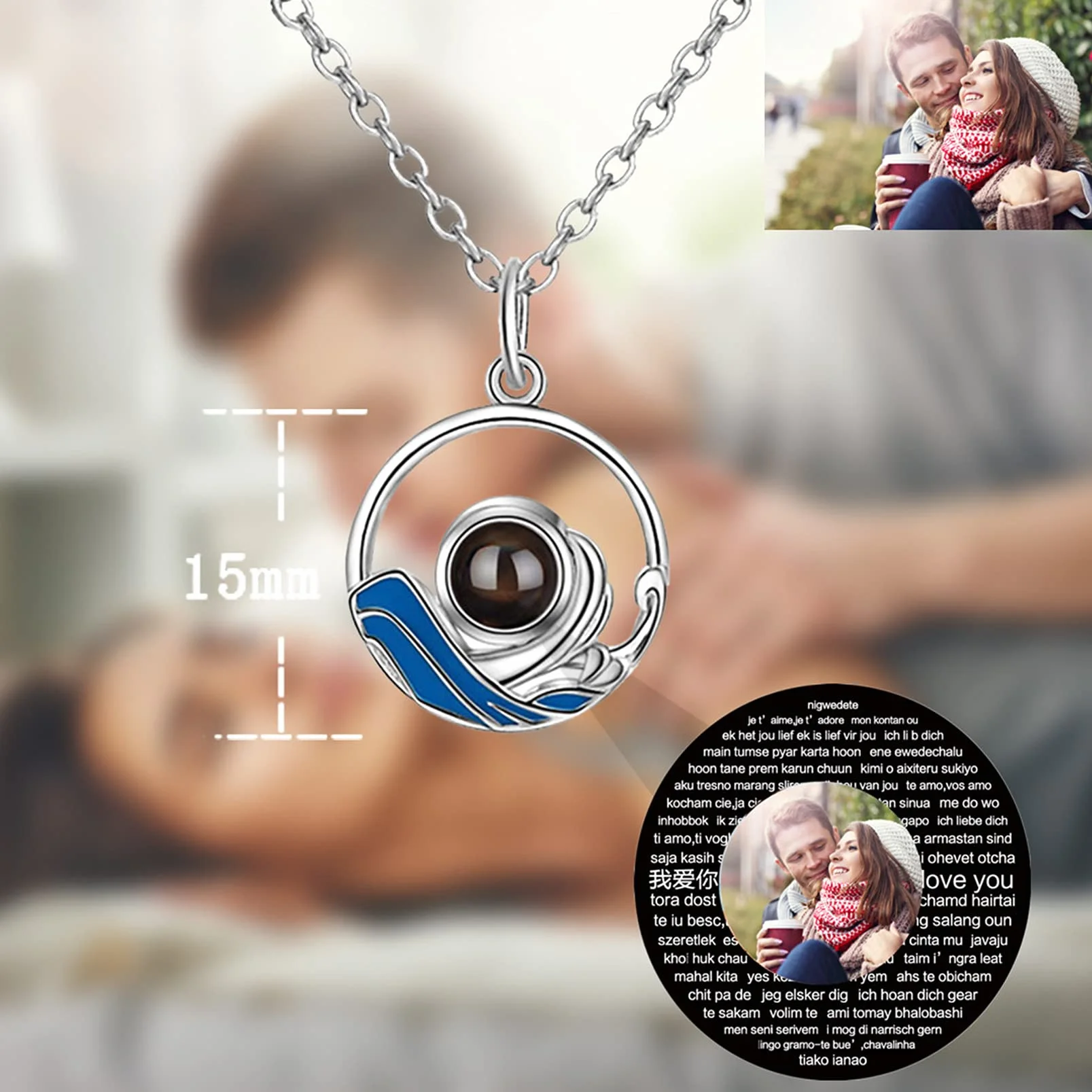 Collar de montaña con foto personalizada colgante de ola oceánica joyería de pareja