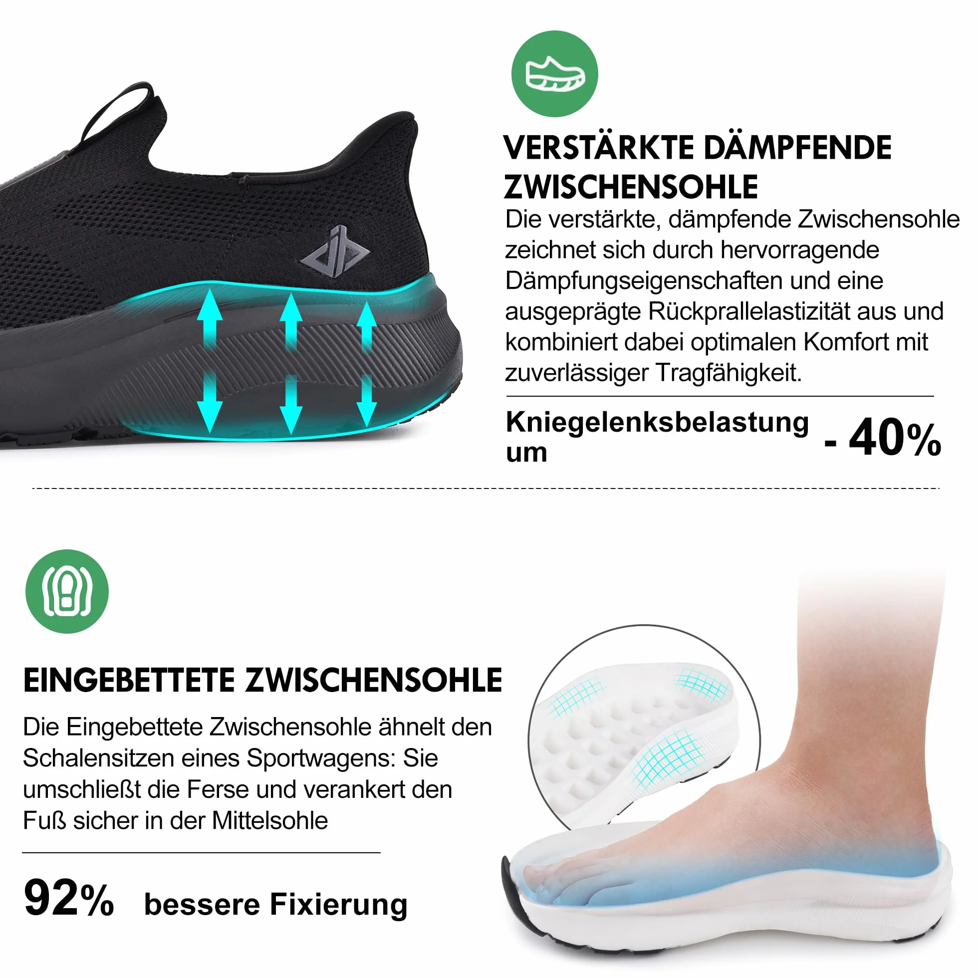 JACKSHIBO Slip on Sneakers Orthopädische Schuhe Memory Foam Walking Schuhe mit weite Zehenbox Nullabsatz Sohlen, Negro, 45 EU