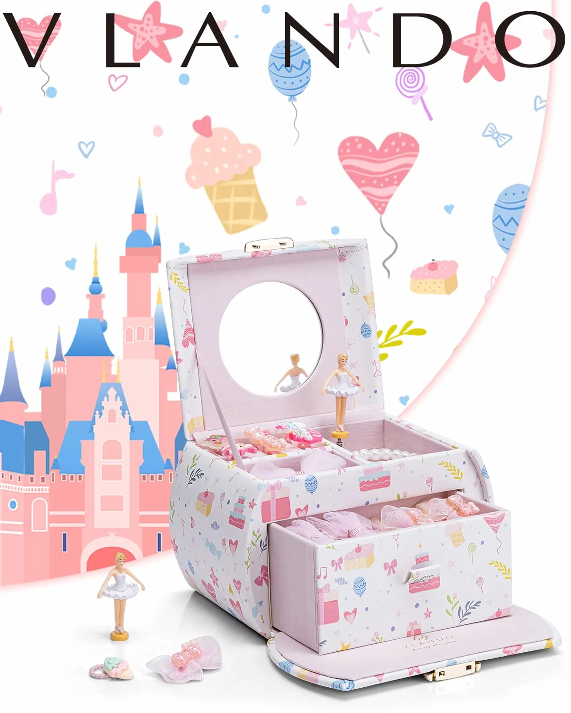 VLANDO Caja de música joyero para niñas con cajones, regalo cumpleaños 6-8 años, bailarina cuero melodía canon
