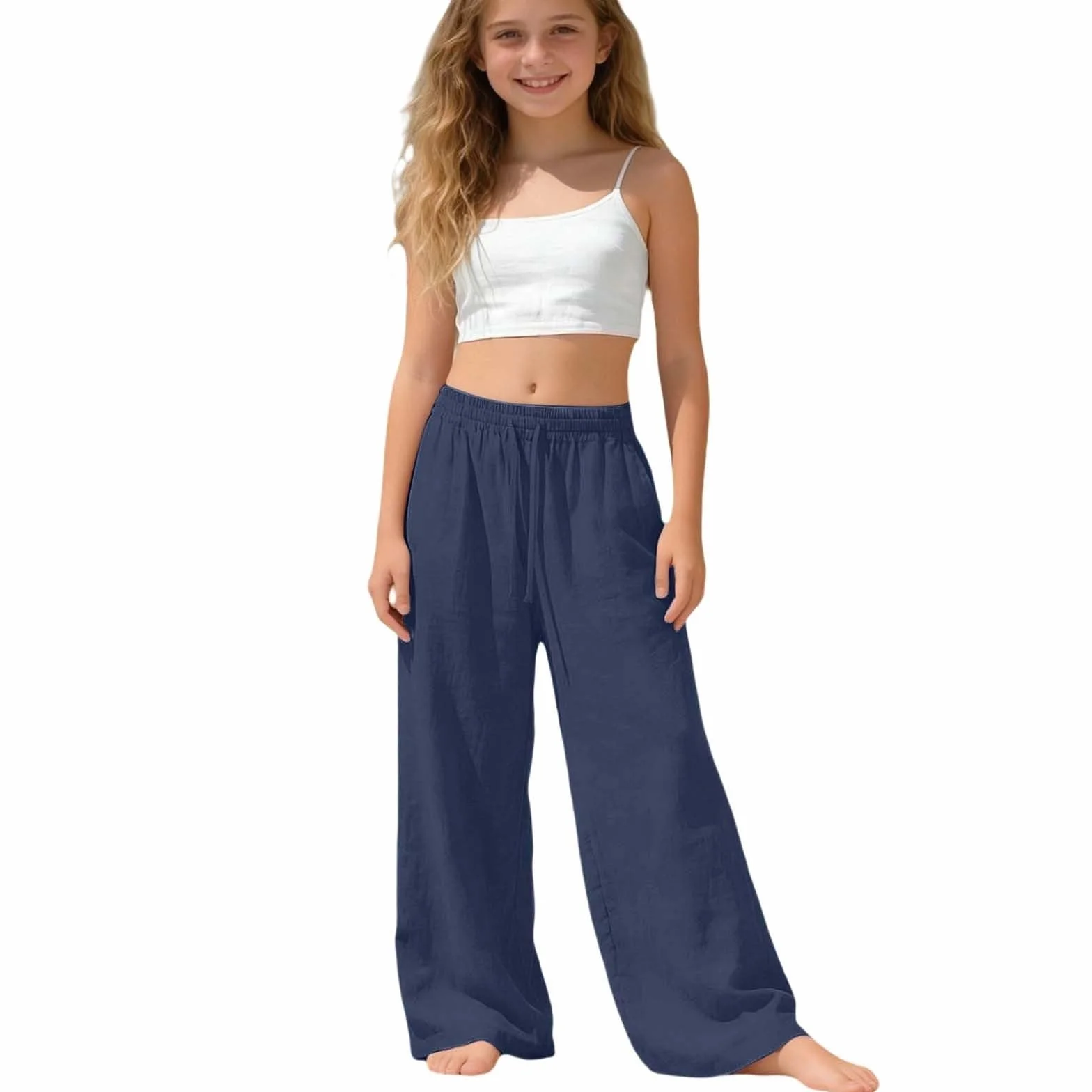 Pantalones de Verano Niña Casuales Largos Elásticos con Bolsillos Algodón y Lino Holgados Pierna Ancha para Adolescentes