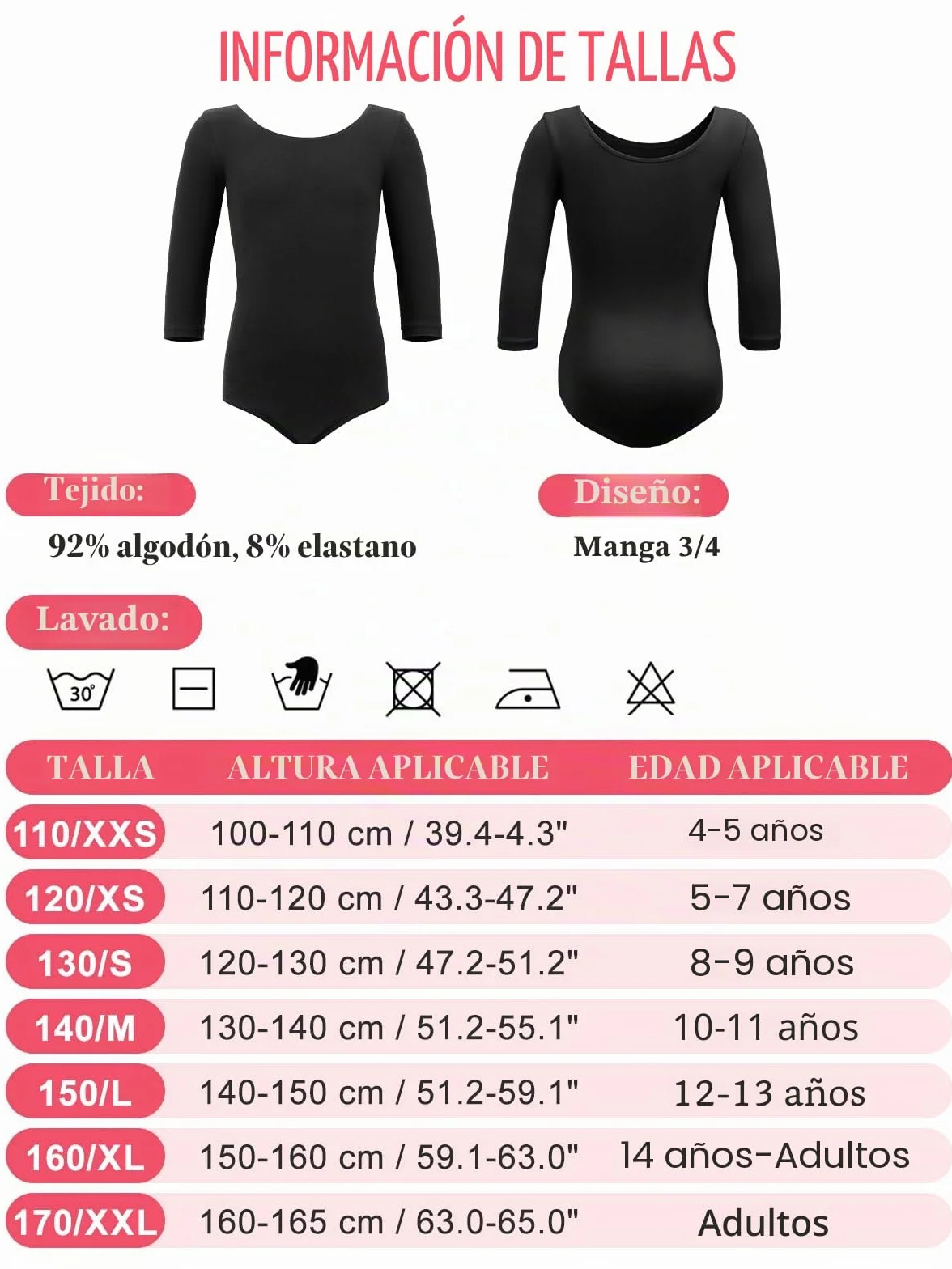 Soudittur Leotardos de Ballet de Algodón Manga 3/4 Talla 110-170
