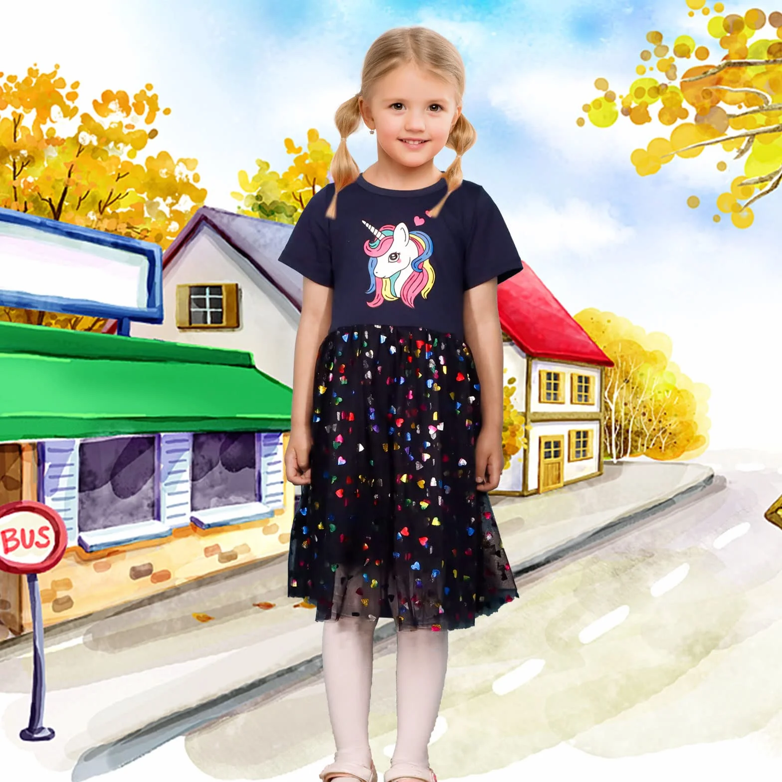 Vestido Niña Unicornio Algodón Lentejuelas Tul Cuello Redondo Vestidos Princesa Fiesta Verano Talla 2-7 Años