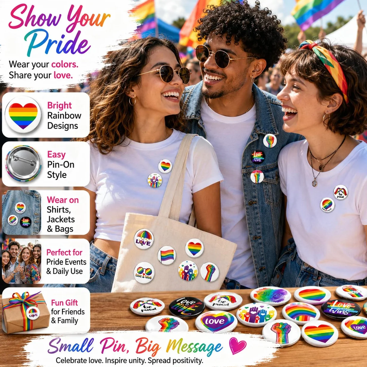 Insignias LGBTQ 16 Piezas 44MM, Pines Acero Inoxidable Puño Arcoíris, Set Broches Pride para Ropa