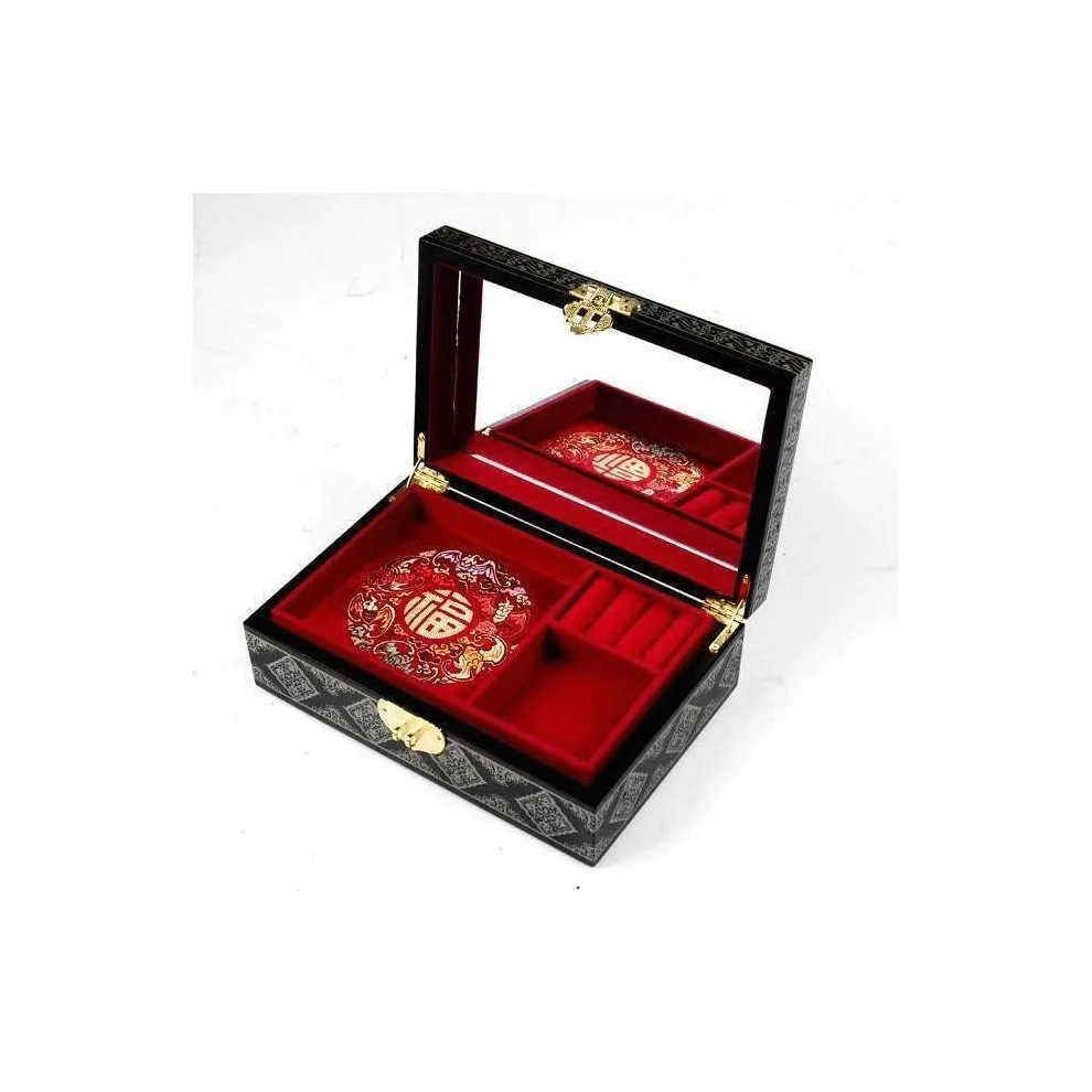 Joyero Paisaje chino Pekín Beijing Caja de almacenamiento de joyas madera lacada Negro oro dorado Decoración asiática