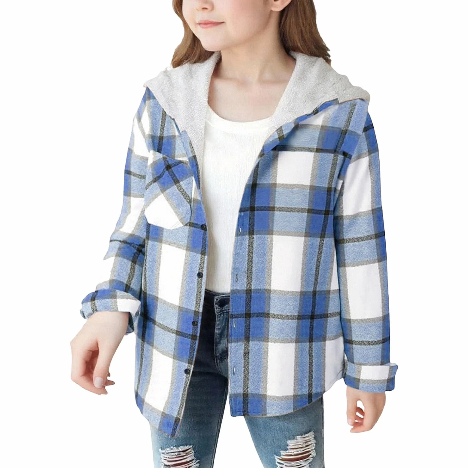 Generisch Chaqueta de camisa con capucha a cuadros para niña - Camisa de franela informal para entretiempo