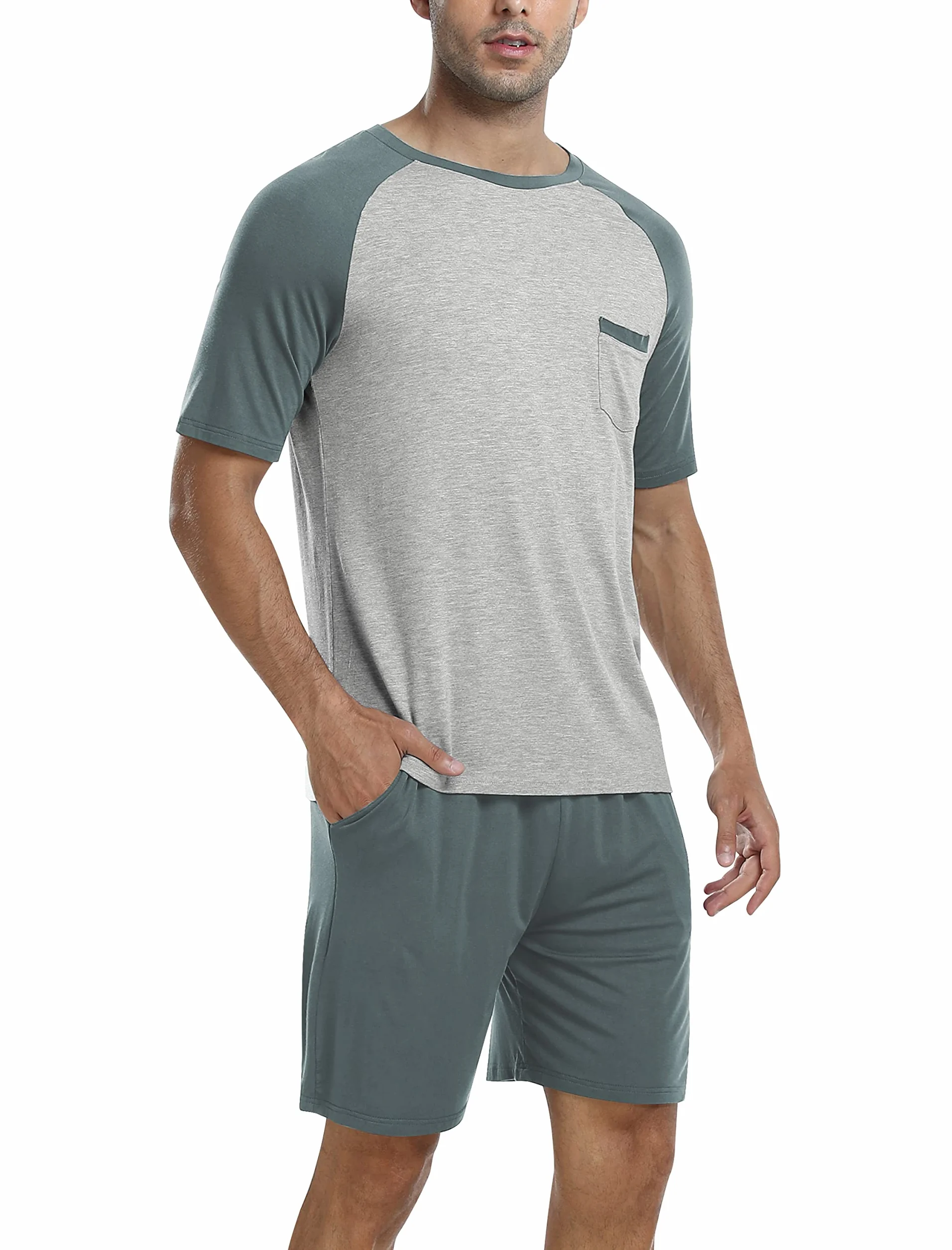 MoFiz Pijamas Hombre Verano Suave Conjunto de Pijama Corto Dos Piezas con Bolsillos