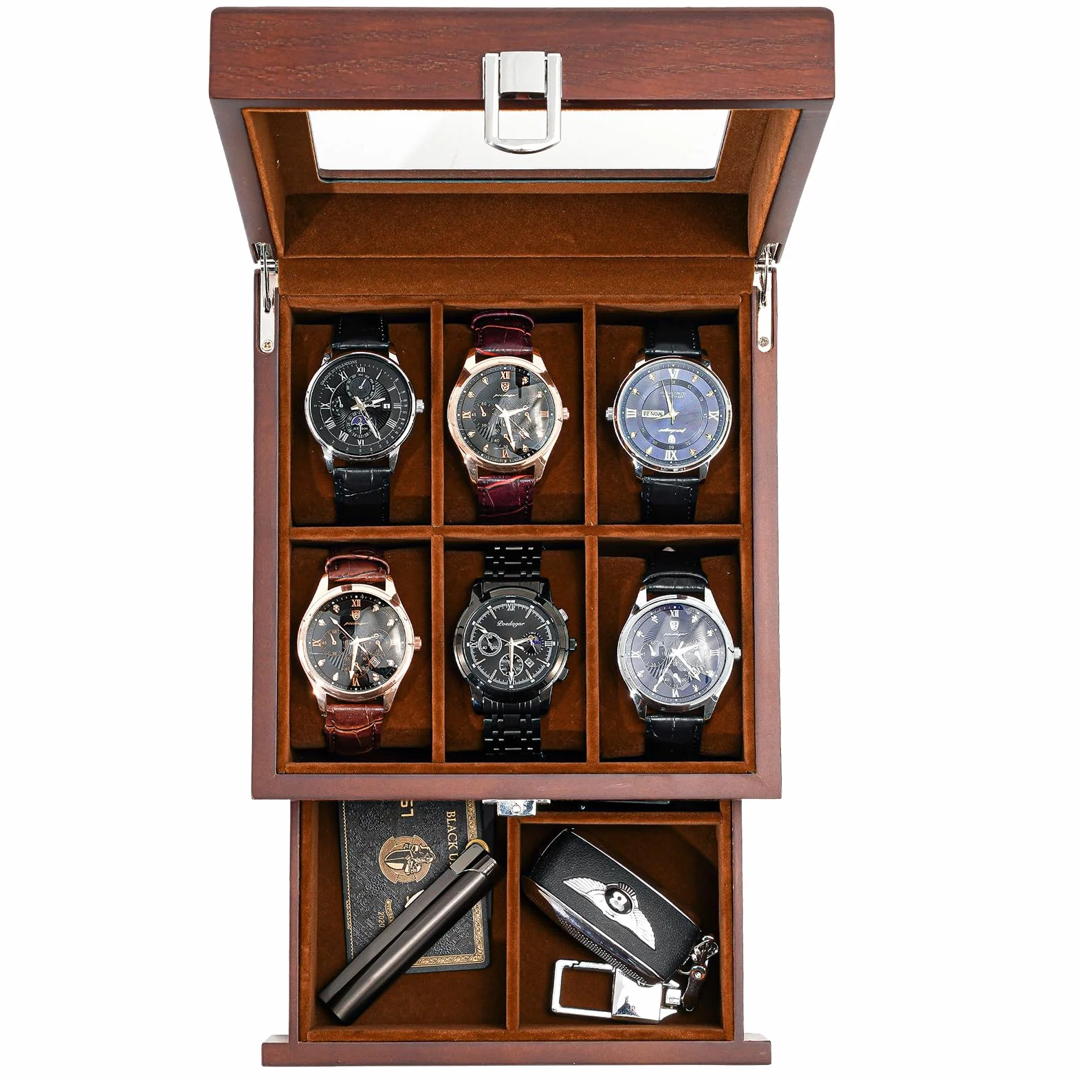 ProCase Caja de Madera para Relojes con 6 Compartimentos y Cajón Multifuncional 2 Niveles Café