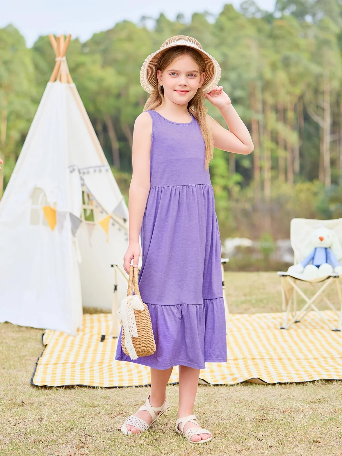 Vestidos de niña de verano sin mangas cuello redondo tirantes casual largo